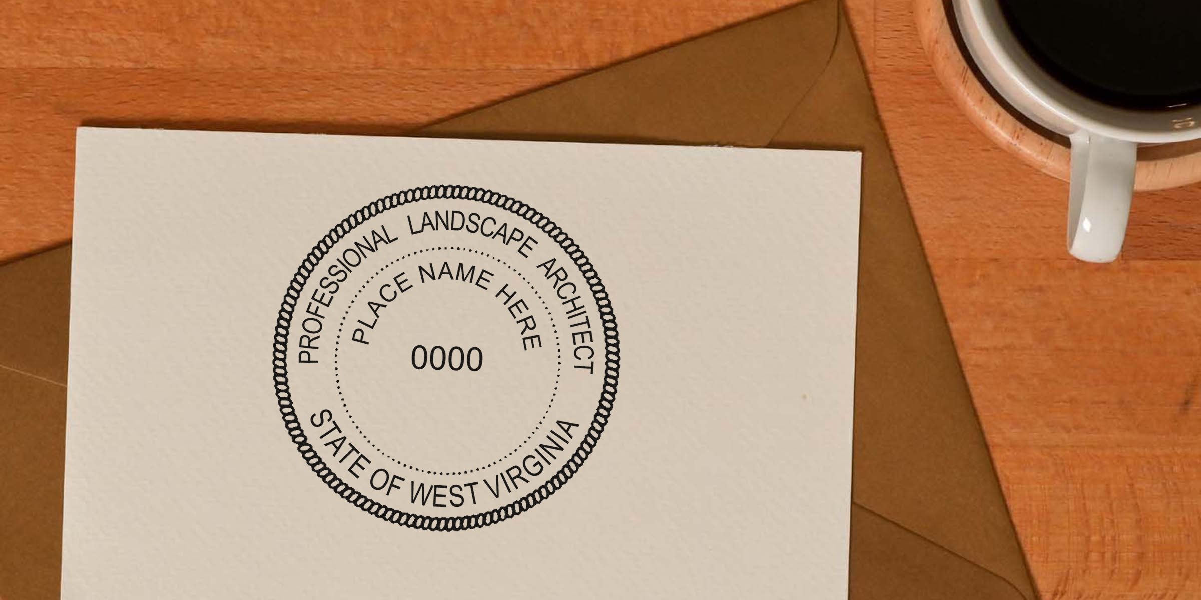 West Virginia landscape architect seal on textured paper, with coffee cup and envelope on wooden desk, showcasing stamp size requirements.