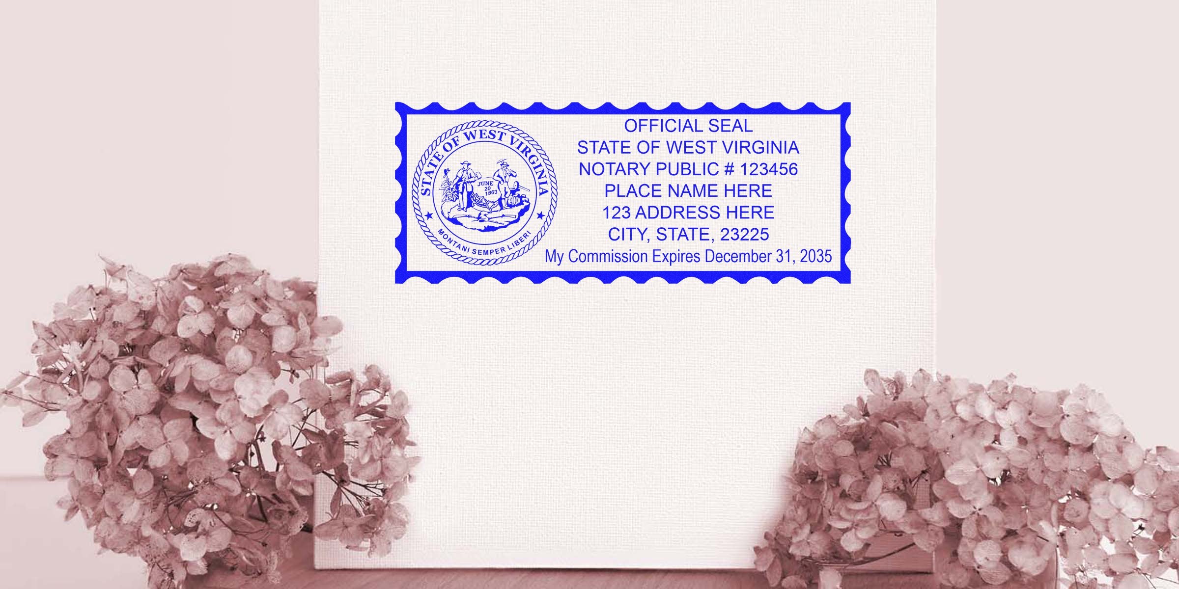 West Virginia notary seal on white paper with pink flowers, showing notary public rules.