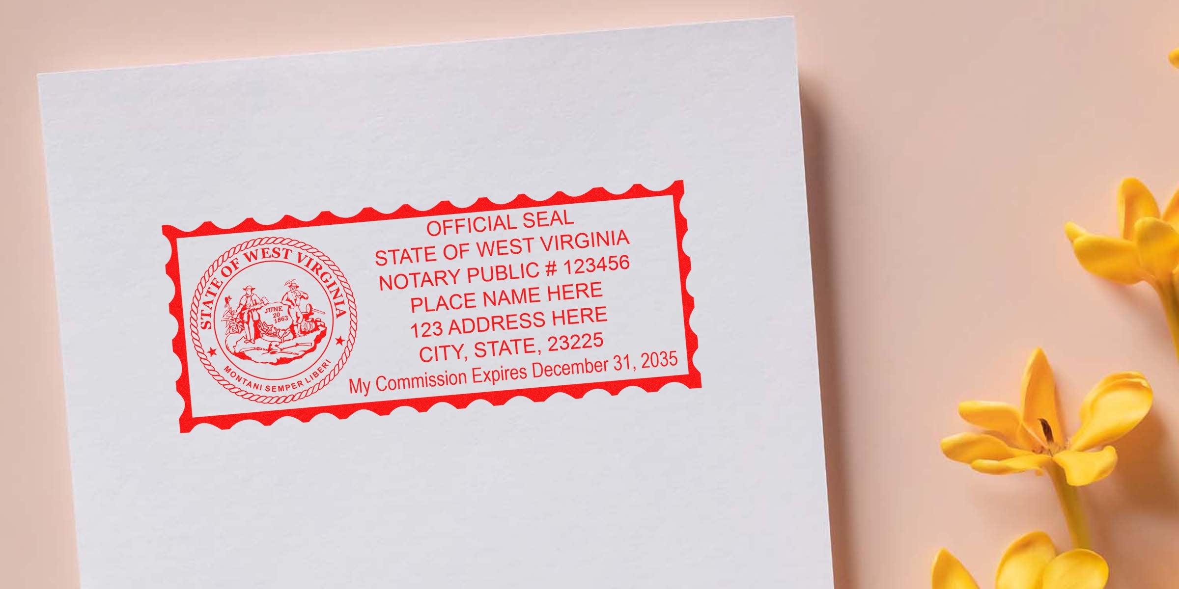 West Virginia notary stamp on white paper with yellow flowers, showing official notary public seal; includes tips for buying a notary stamp.