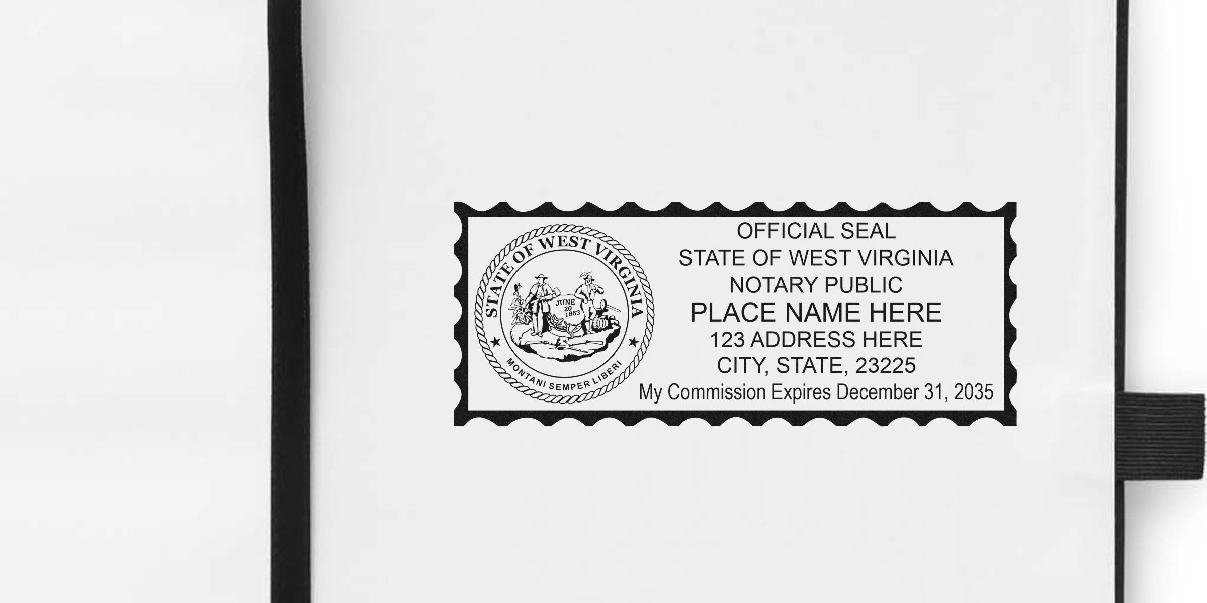 West Virginia notary stamp with official seal and commission expiration date on white background, perfect for budget-friendly notary supplies.