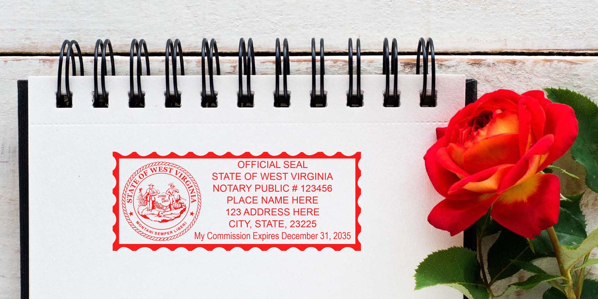 West Virginia notary stamp on notebook with red rose background, showing the official notary public seal. Purchase your West Virginia notary stamp online today.