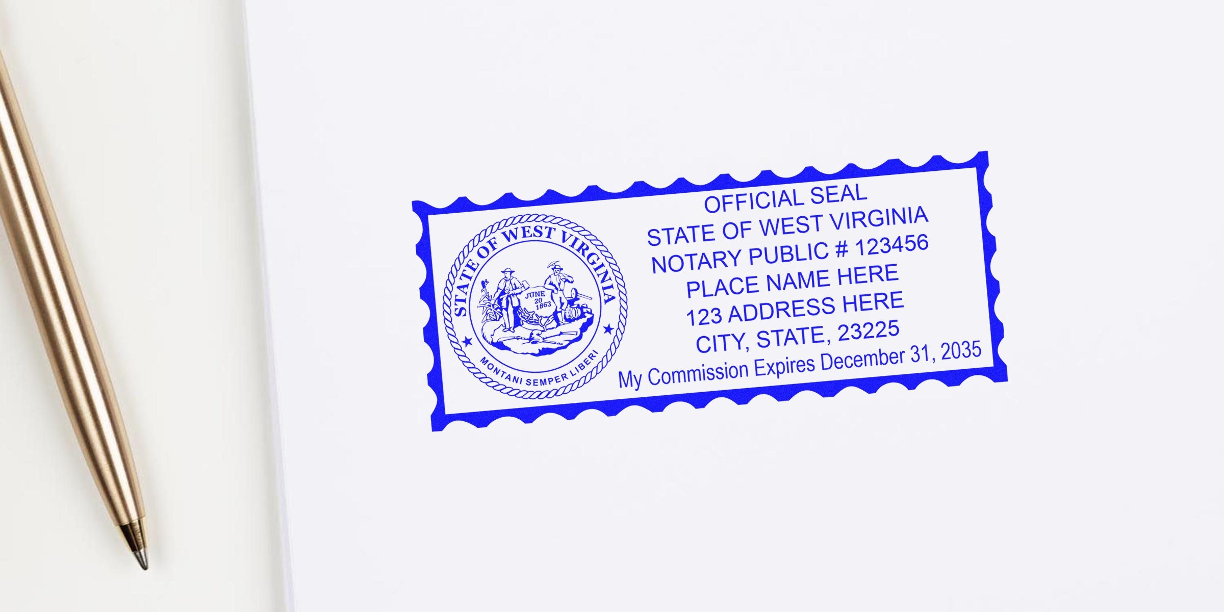 West Virginia notary seal with official stamp and expiration dates on white paper next to a gold pen.