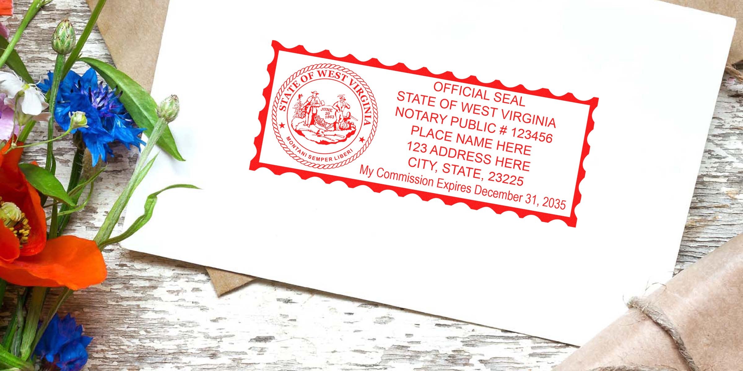 West Virginia notary public seal on white envelope with flowers, rustic wood background, showing Notary kit and West Virginia notary supplies.