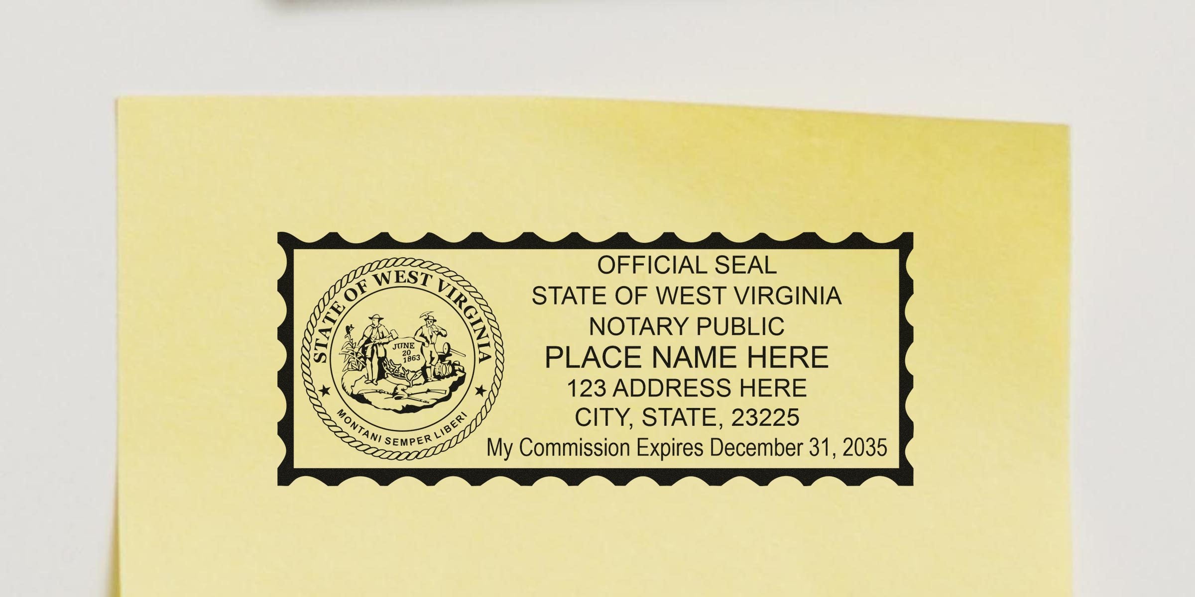 West Virginia notary public seal on yellow paper showing commission expiration and address, with WV notary supplies and essentials.