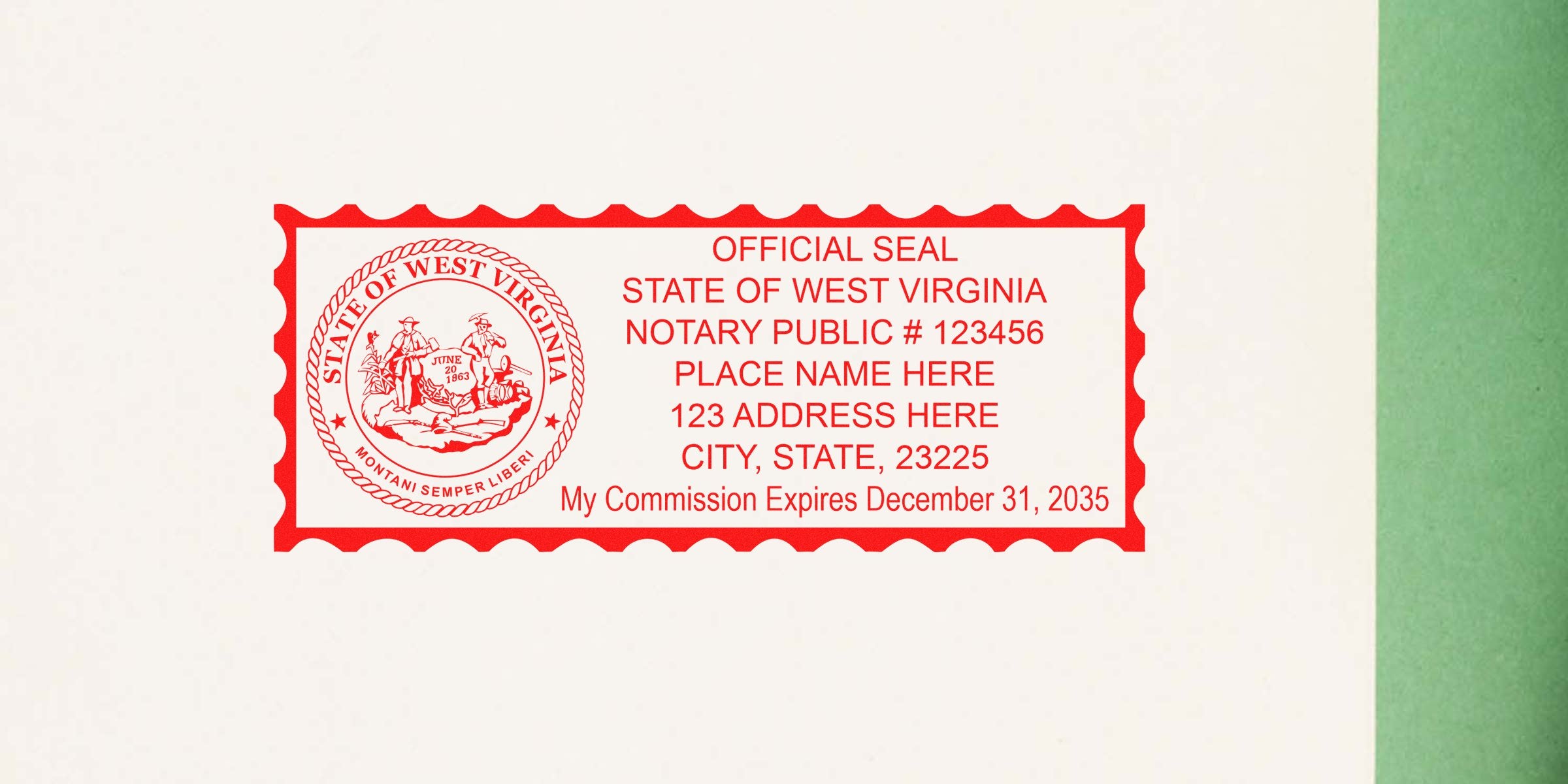 West Virginia notary public seal showing commission expiration date and address, compliant with WV notary seal and state requirements.