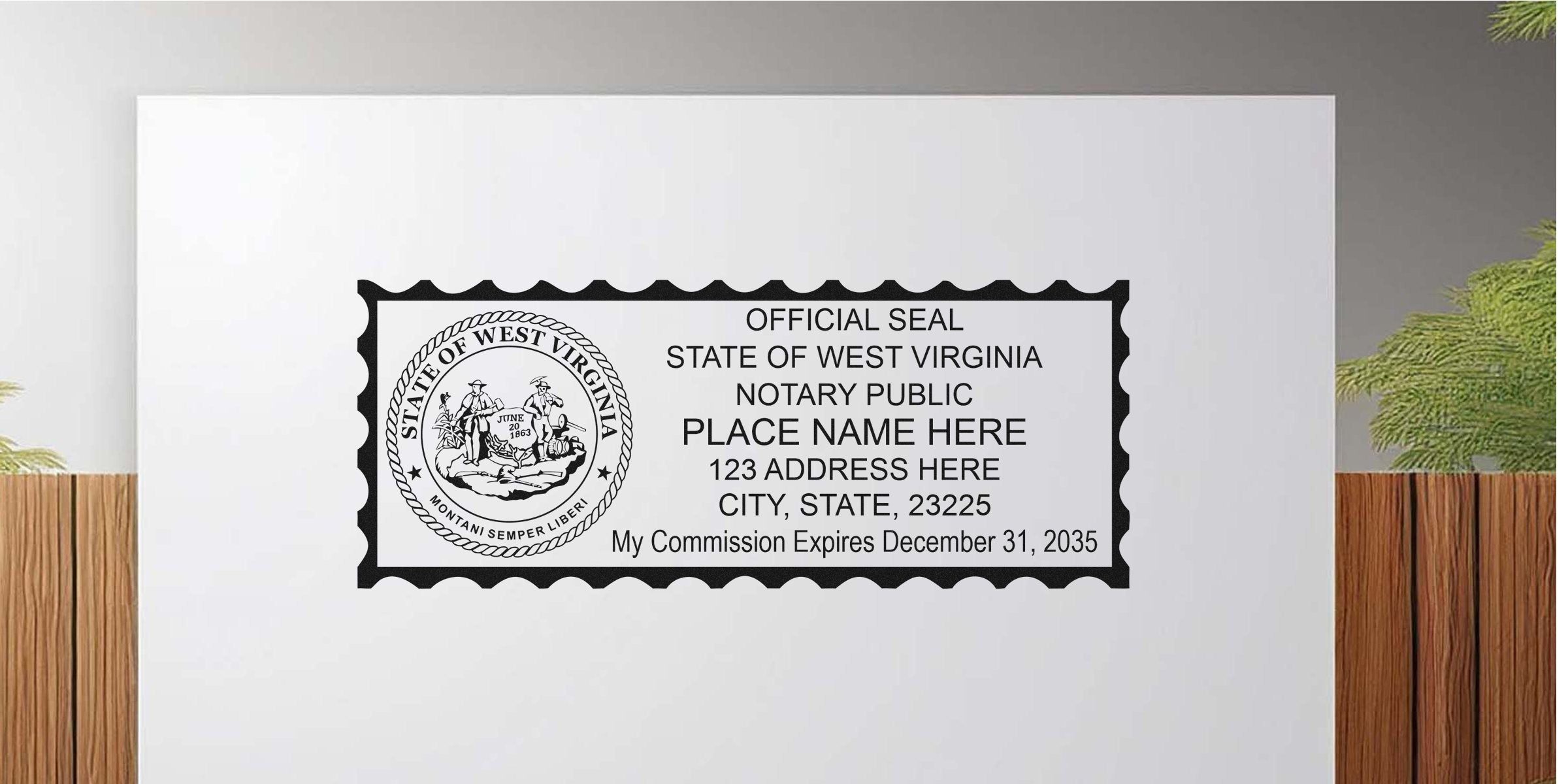 West Virginia notary seal with customizable name and address, providing affordable notary supplies.