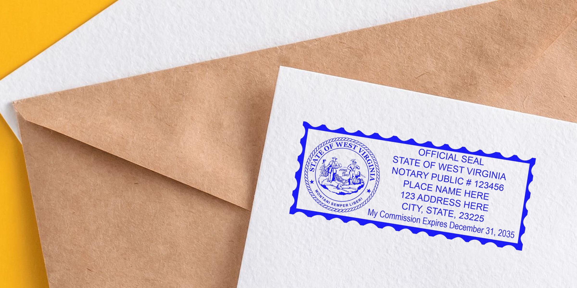 West Virginia notary stamp on envelope showing official commission expiration date, complying with WV notary stamp requirements.