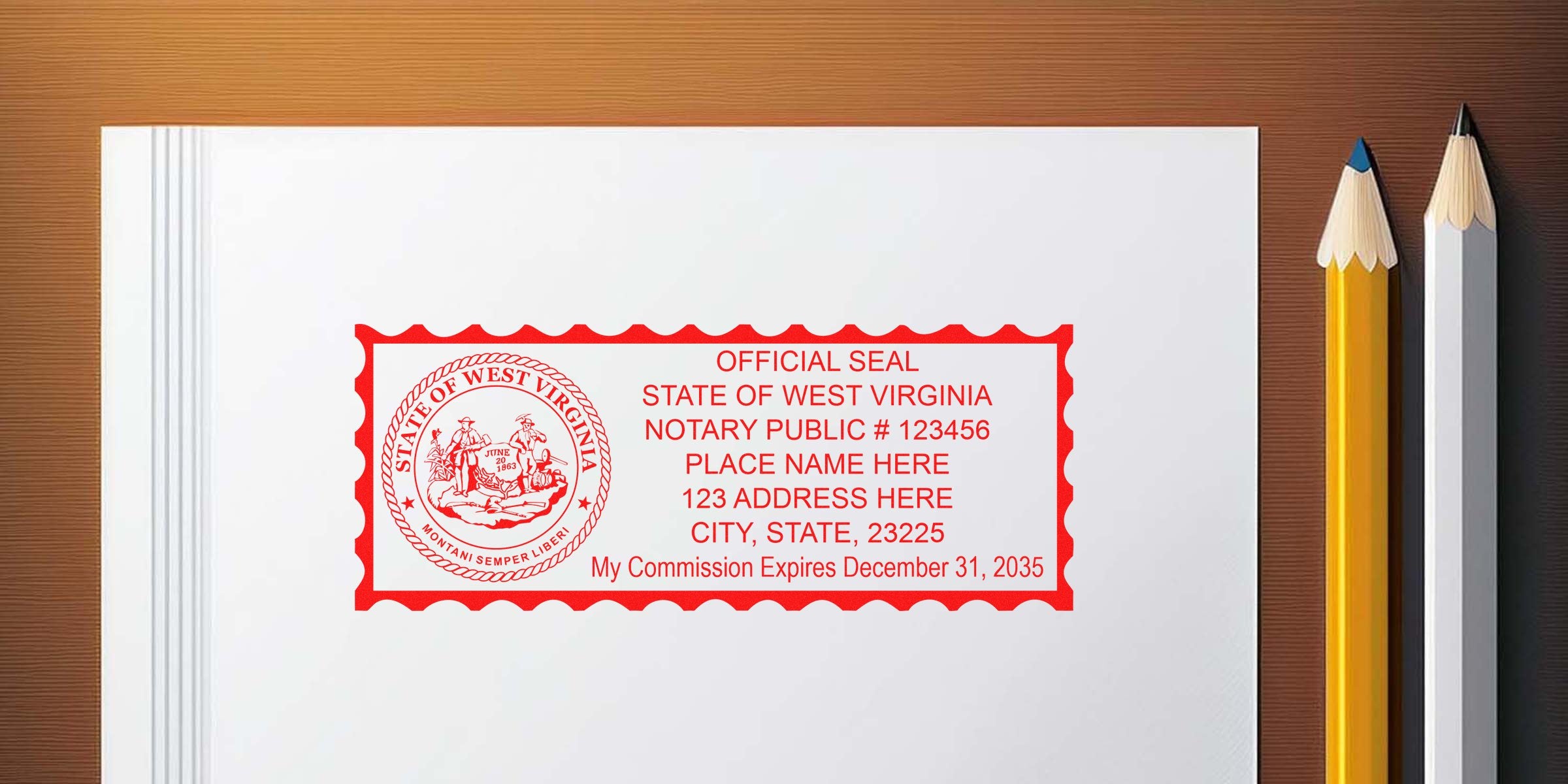 West Virginia notary stamp on white paper with pencils, official notary public seal for legal documents, including key notary public tips.