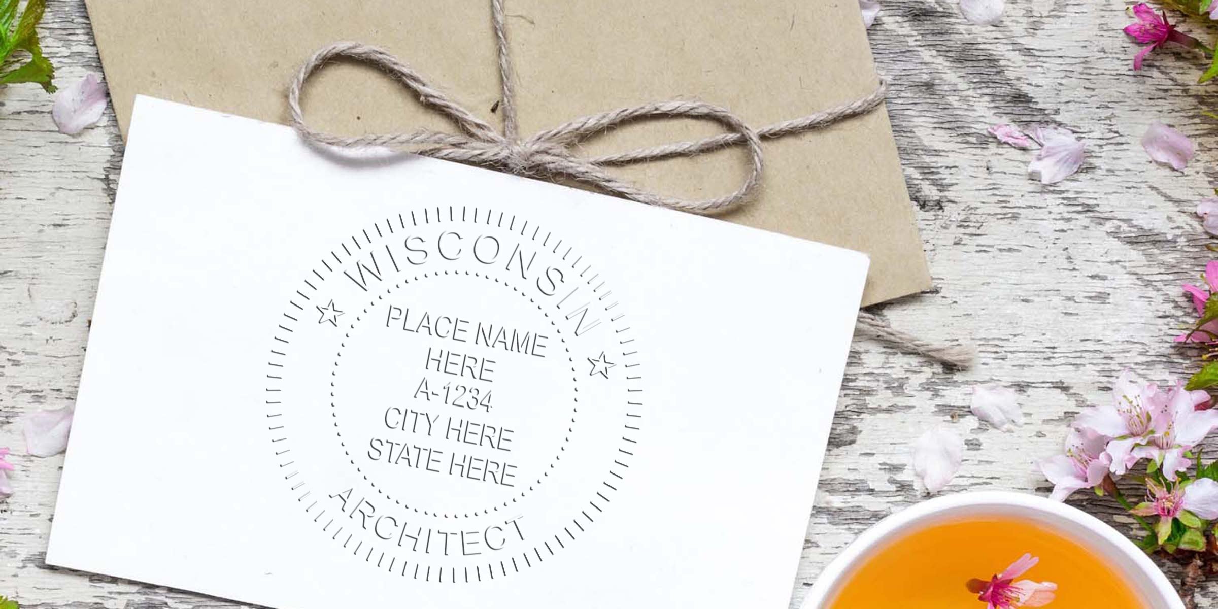 Wisconsin architect stamp on white card next to rustic envelope and teacup with petals on wooden table, showcasing architect stamp order tips.