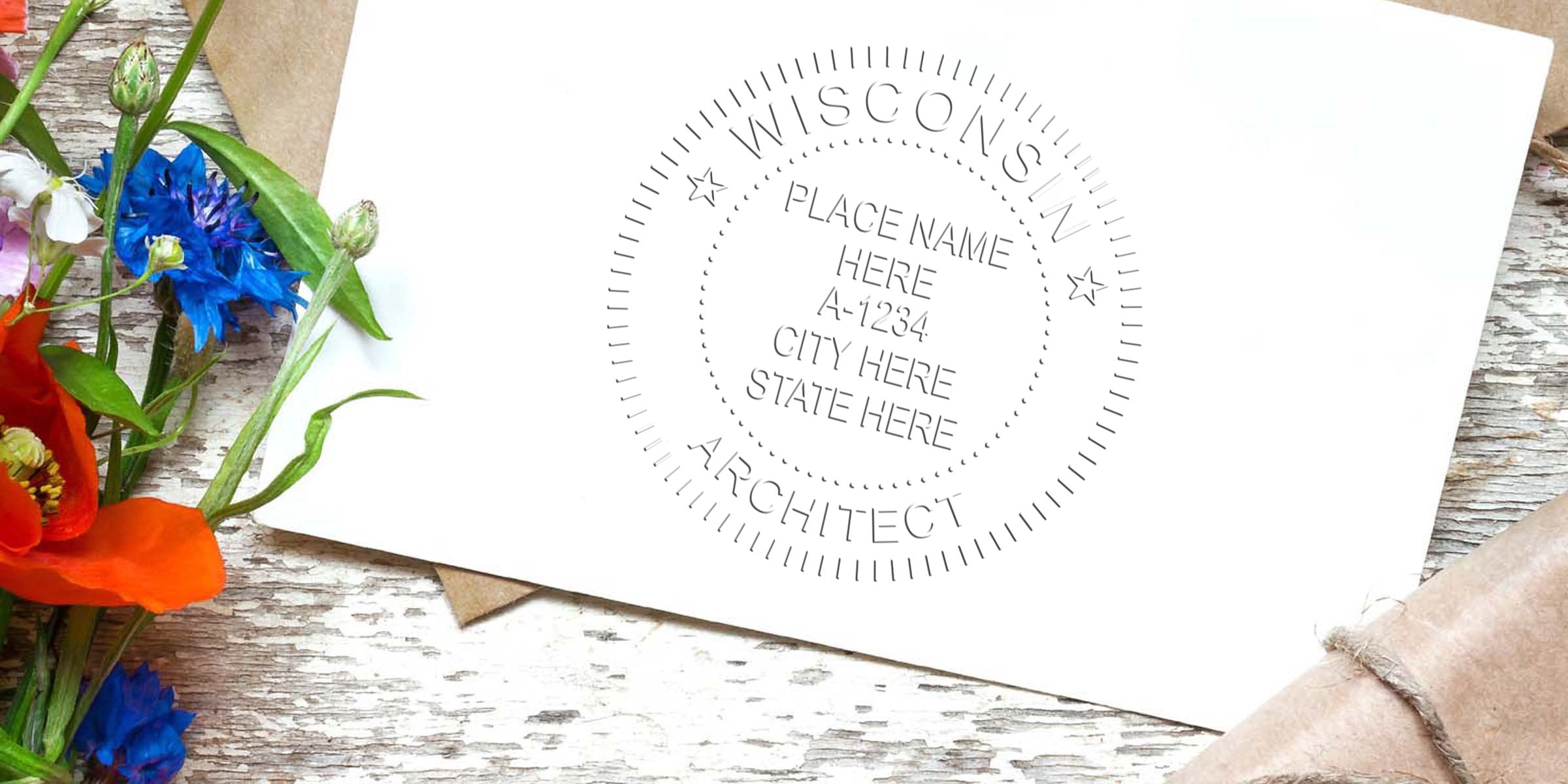 Wisconsin architect stamp on white paper with flowers and rustic wood background, showcasing a professional Wisconsin architect seal, ideal for online architect stamp deals.