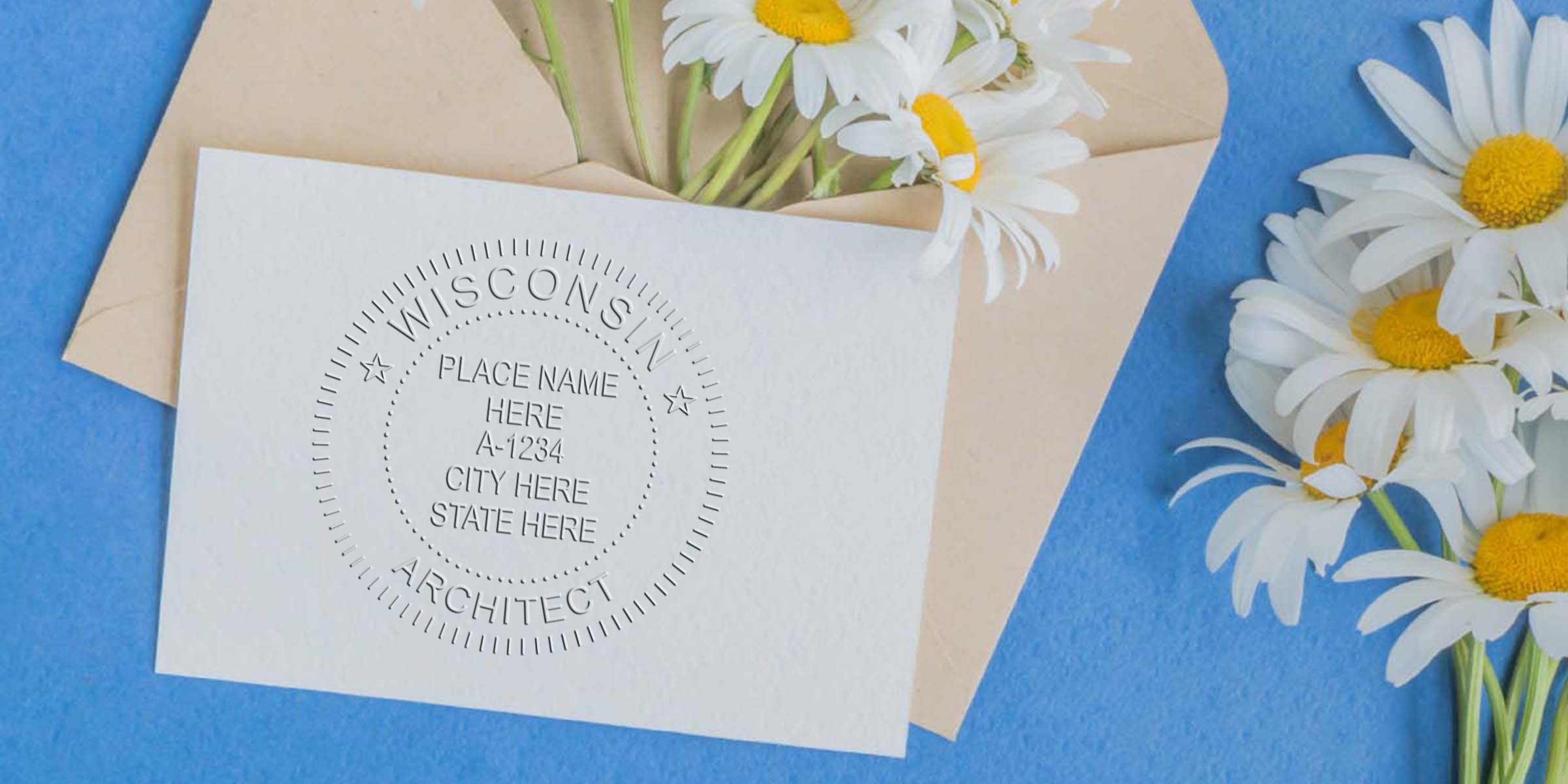Wisconsin architect seal embossed on white card with daisies, beige envelope on blue background, symbolizing architect licensing in Wisconsin.