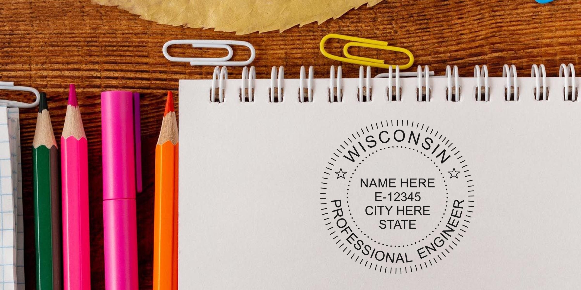 Wisconsin PE embossers on a notebook with colorful pencils and paper clips on a wooden desk, highlighting engineering certification tools.