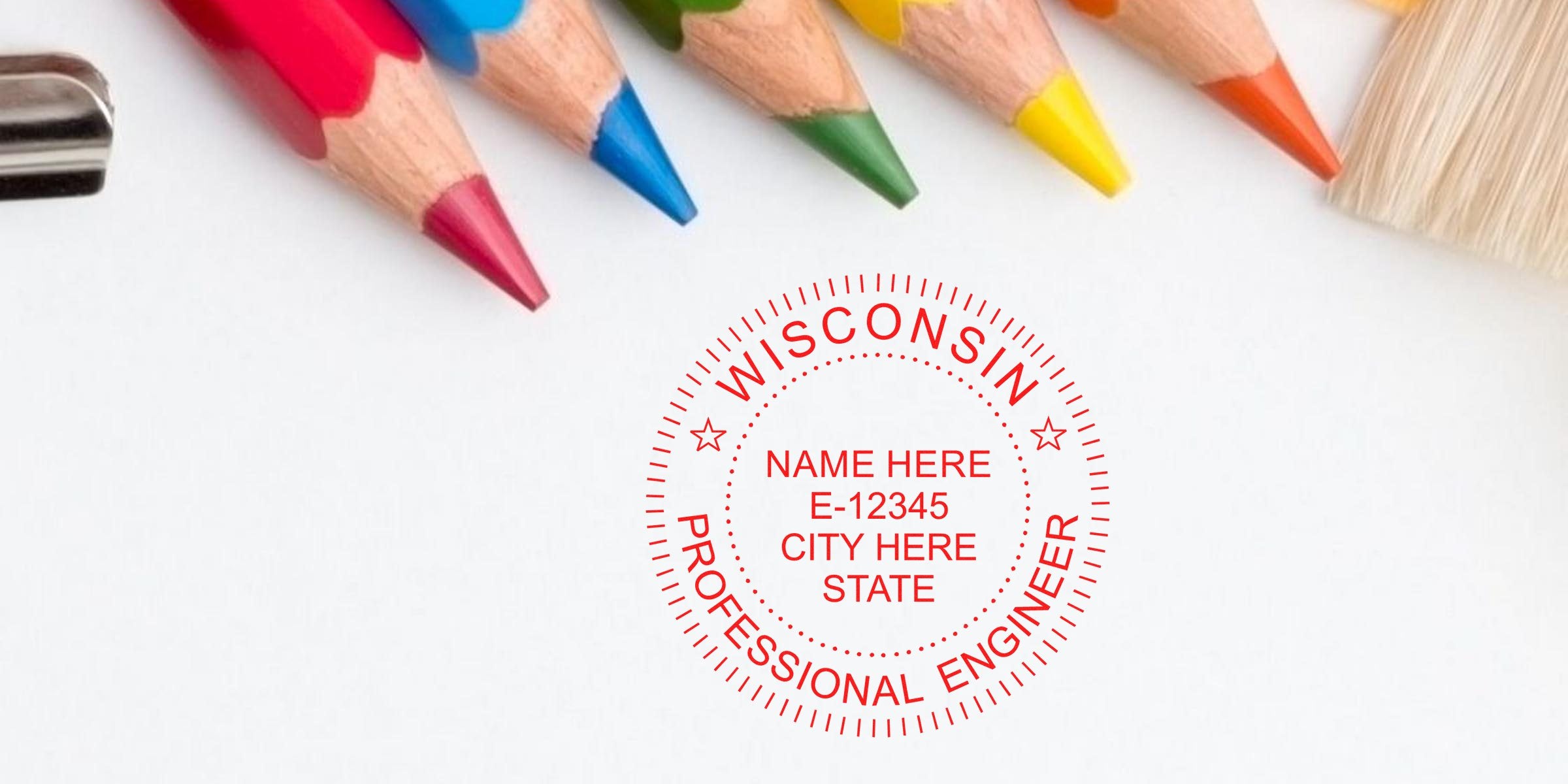Wisconsin professional engineer seal (WI PE seal) with colored pencils and paintbrush on white background, emphasizing PE seal details.