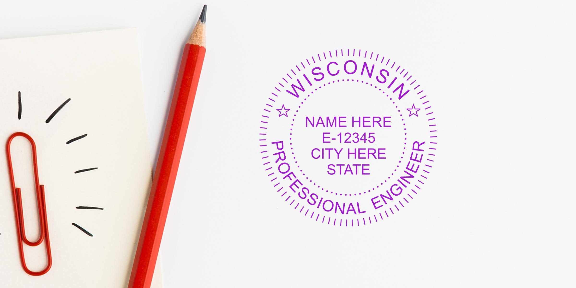 Professional Engineer Stamp Wisconsin with red pencil and paperclip on white background, showing a PE Stamp Purchase Guide.