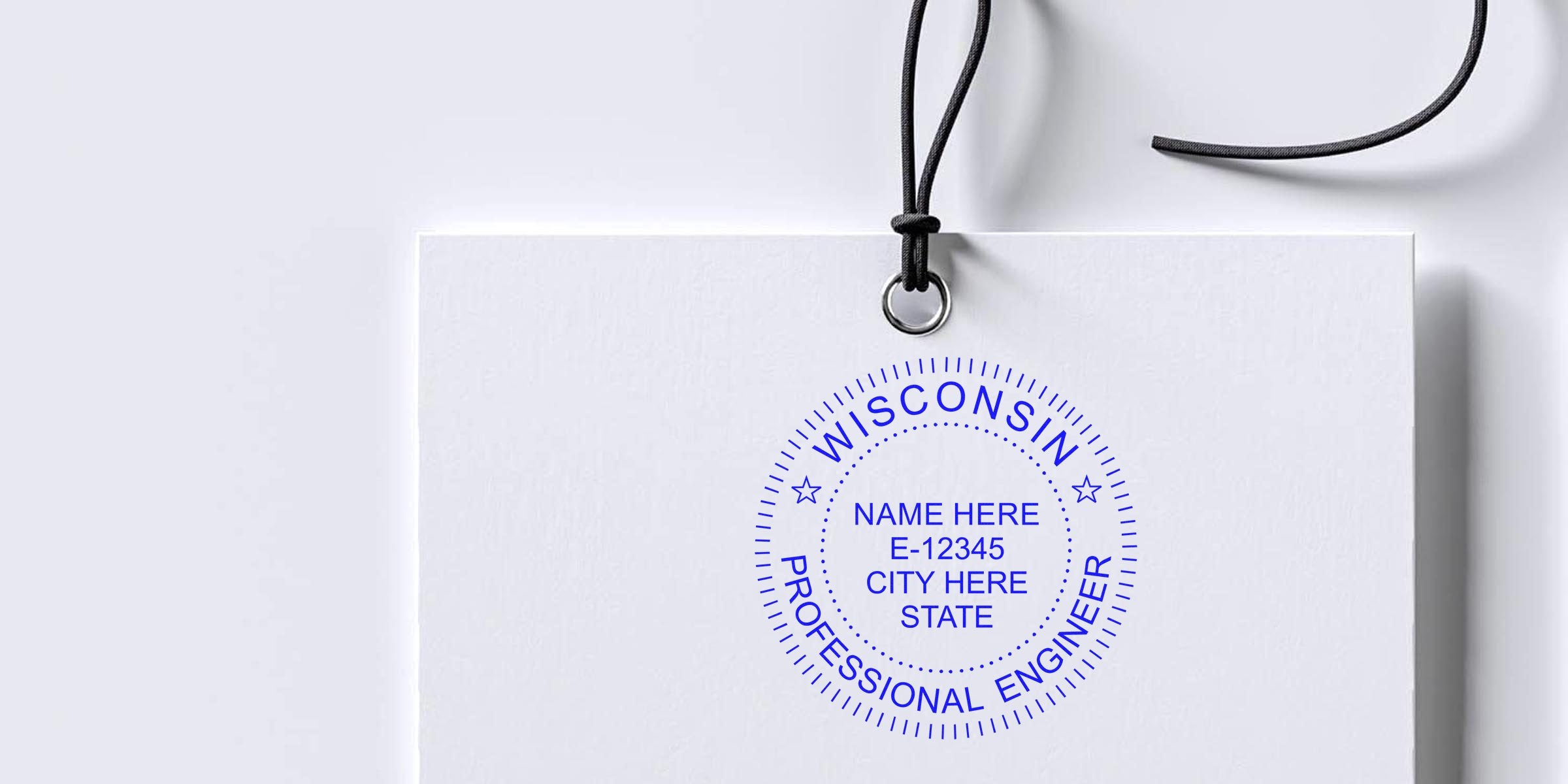 Wisconsin Professional Engineer Seal on white tag with black string, customizable with name, license number, city, and state, displaying Wisconsin Engineering License details.