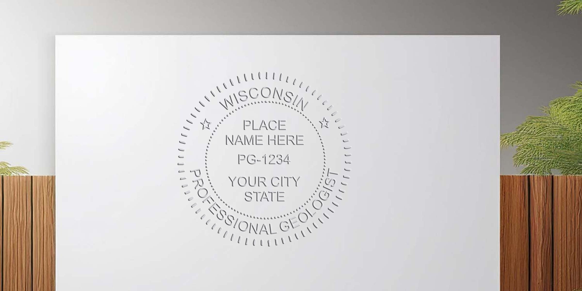 Wisconsin Geologist stamp seal on white paper with customizable place name and city/state text, highlighting ideal stamp size tips.