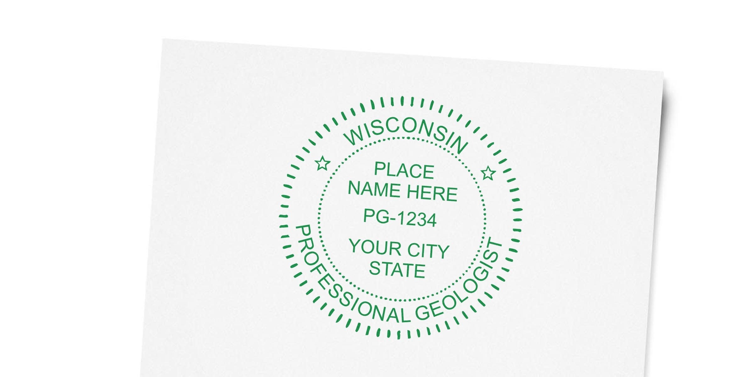 Wisconsin geologist seal embossed on white paper showing professional stamp with place name, registration number, city, and state using a geologist seal embosser.