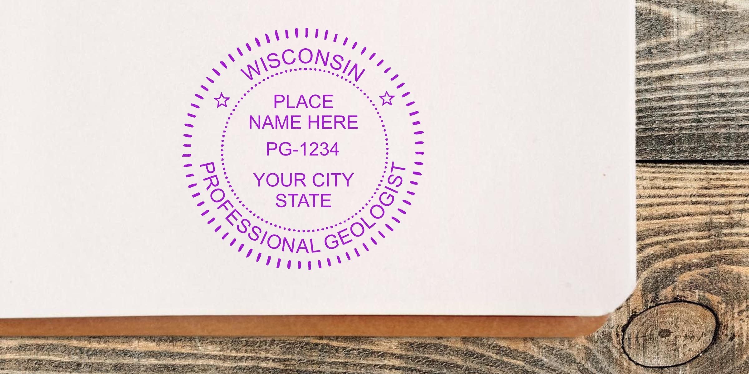 Wisconsin professional geologist stamp on white paper for certification, featuring Wisconsin Geologist Stamp cost and price details.