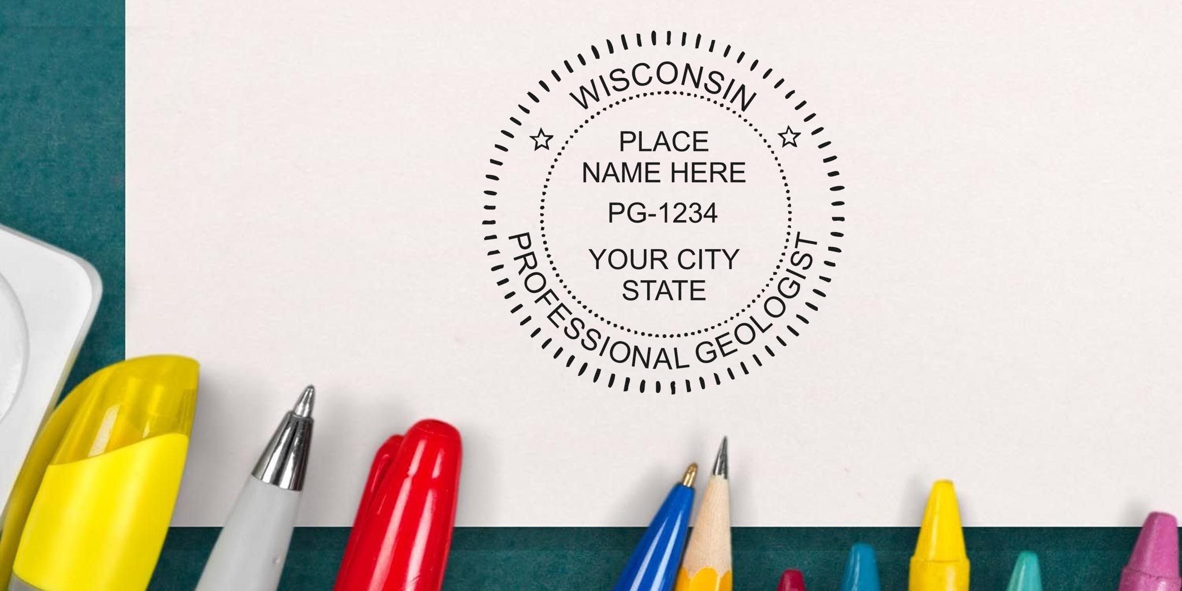 Wisconsin geologist stamp on white paper with colorful pens and pencils, meeting all Wisconsin geologist stamp requirements.