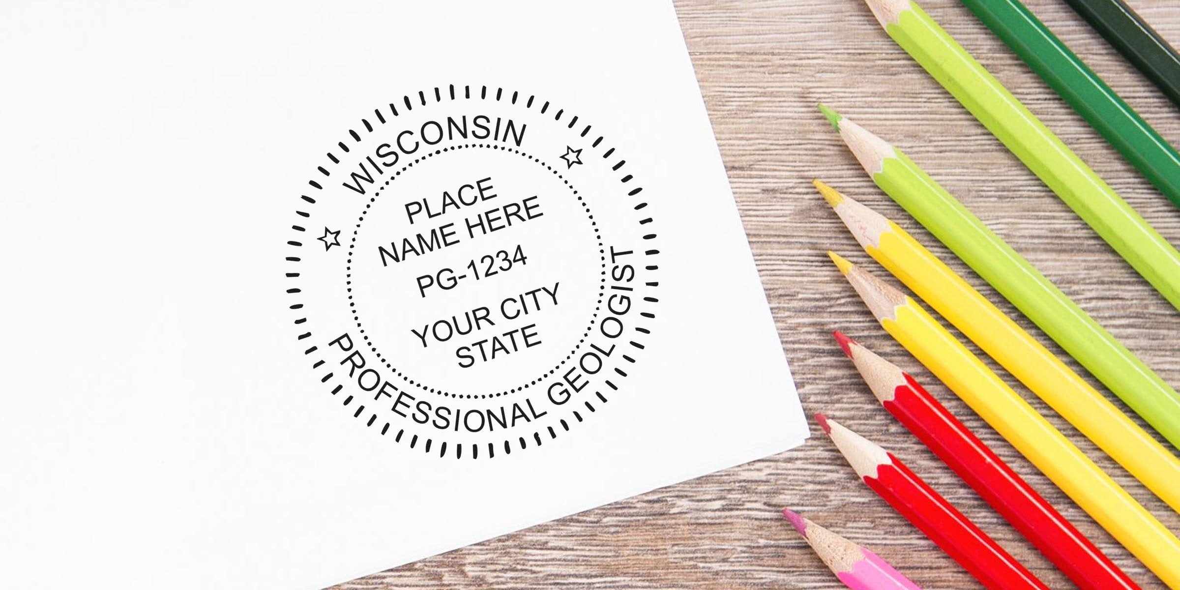 Wisconsin Geologist Stamp on white paper with colored pencils on a wooden table, showing the Geologist Stamp Wisconsin and referencing the Wisconsin Geologist Seal Guide.