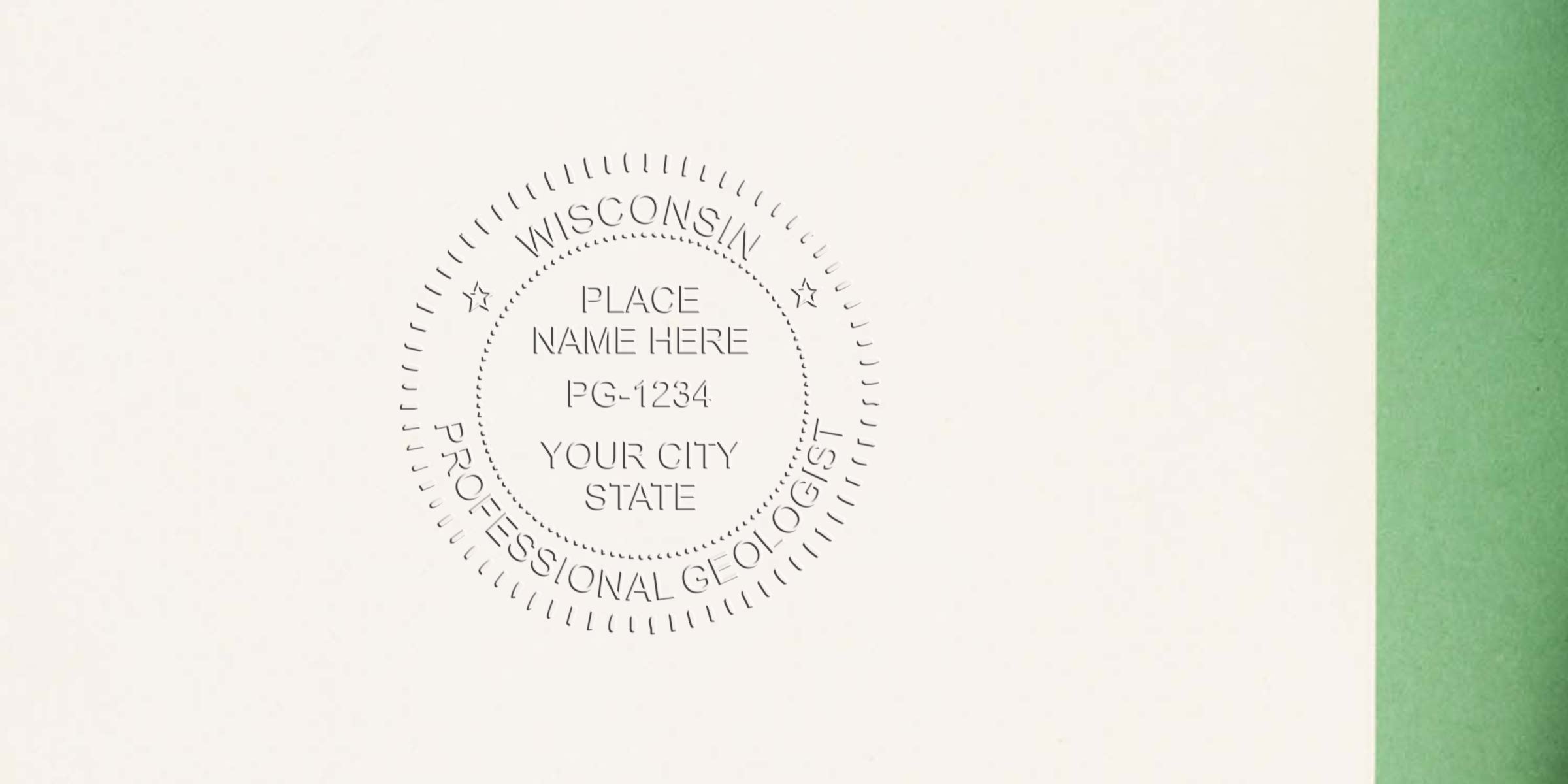 Wisconsin Licensed Geologist Seal embossed on white paper with green edge, symbolizing Wisconsin Licensed Geologist requirements.