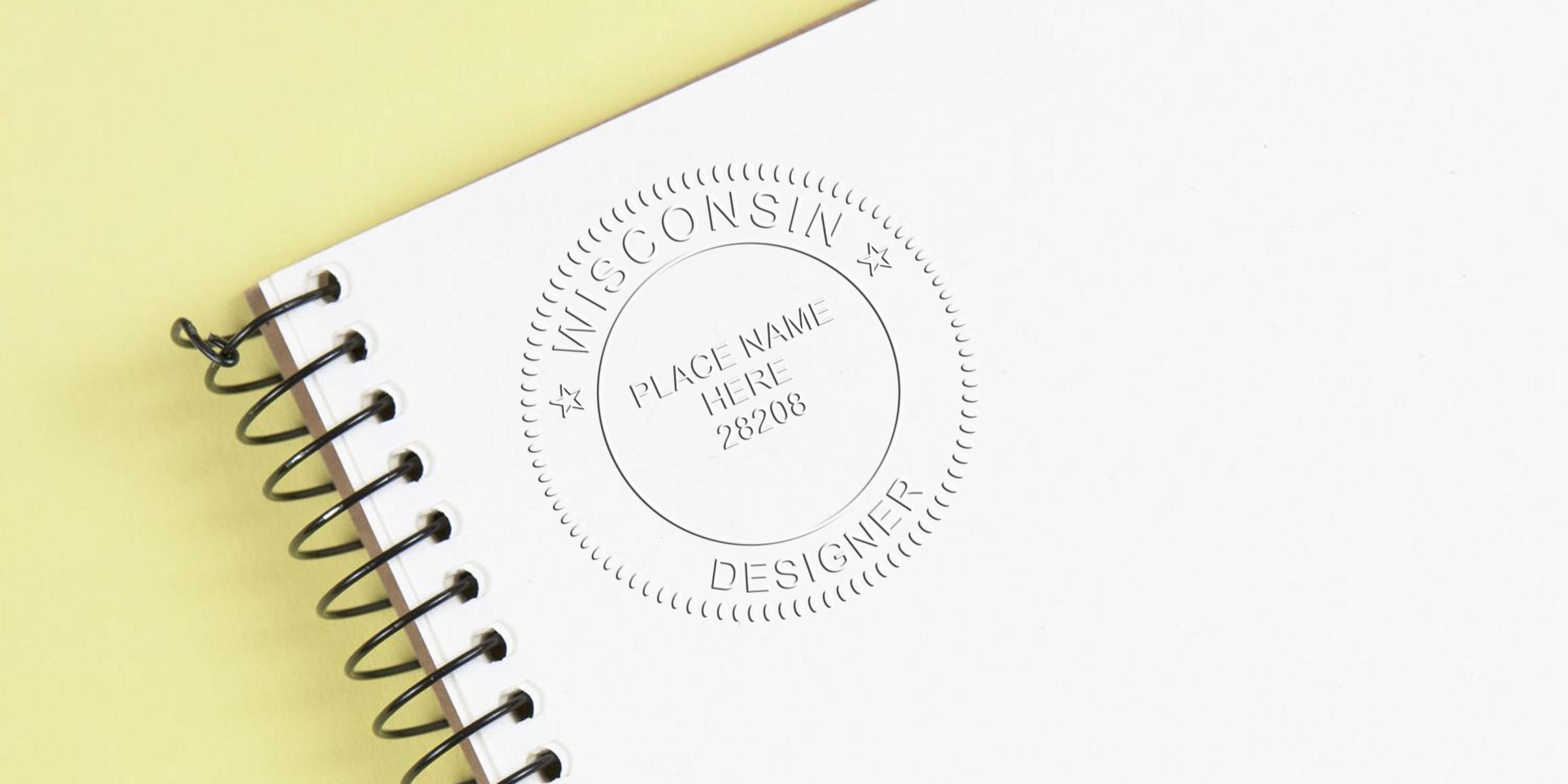 Wisconsin interior designer’s custom embossed stamp on a white spiral notebook against a yellow background.