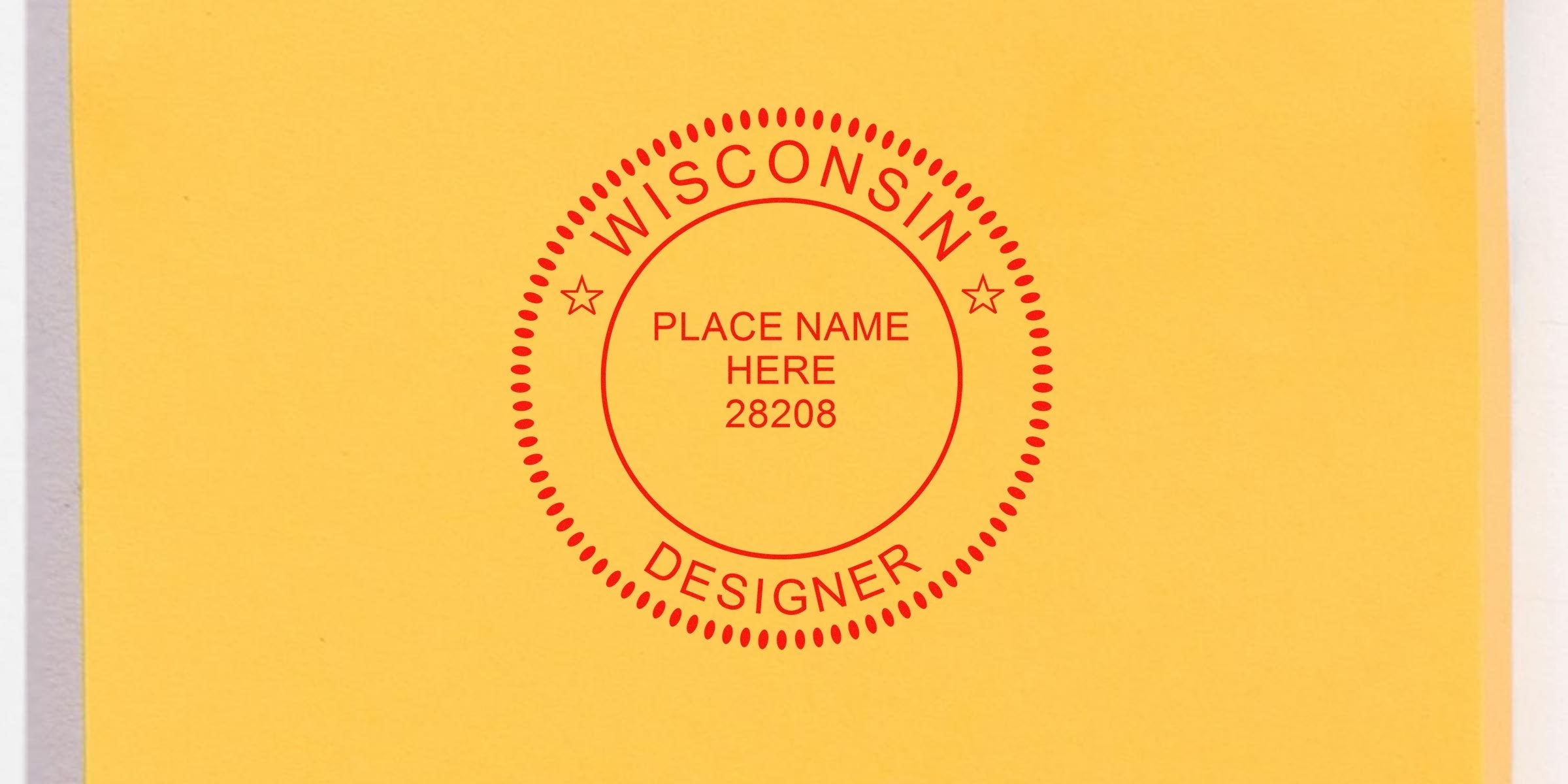 Wisconsin custom rubber stamp on yellow paper with place name and zip code 28208, perfect for Wisconsin interior designers; includes tips for online shopping.