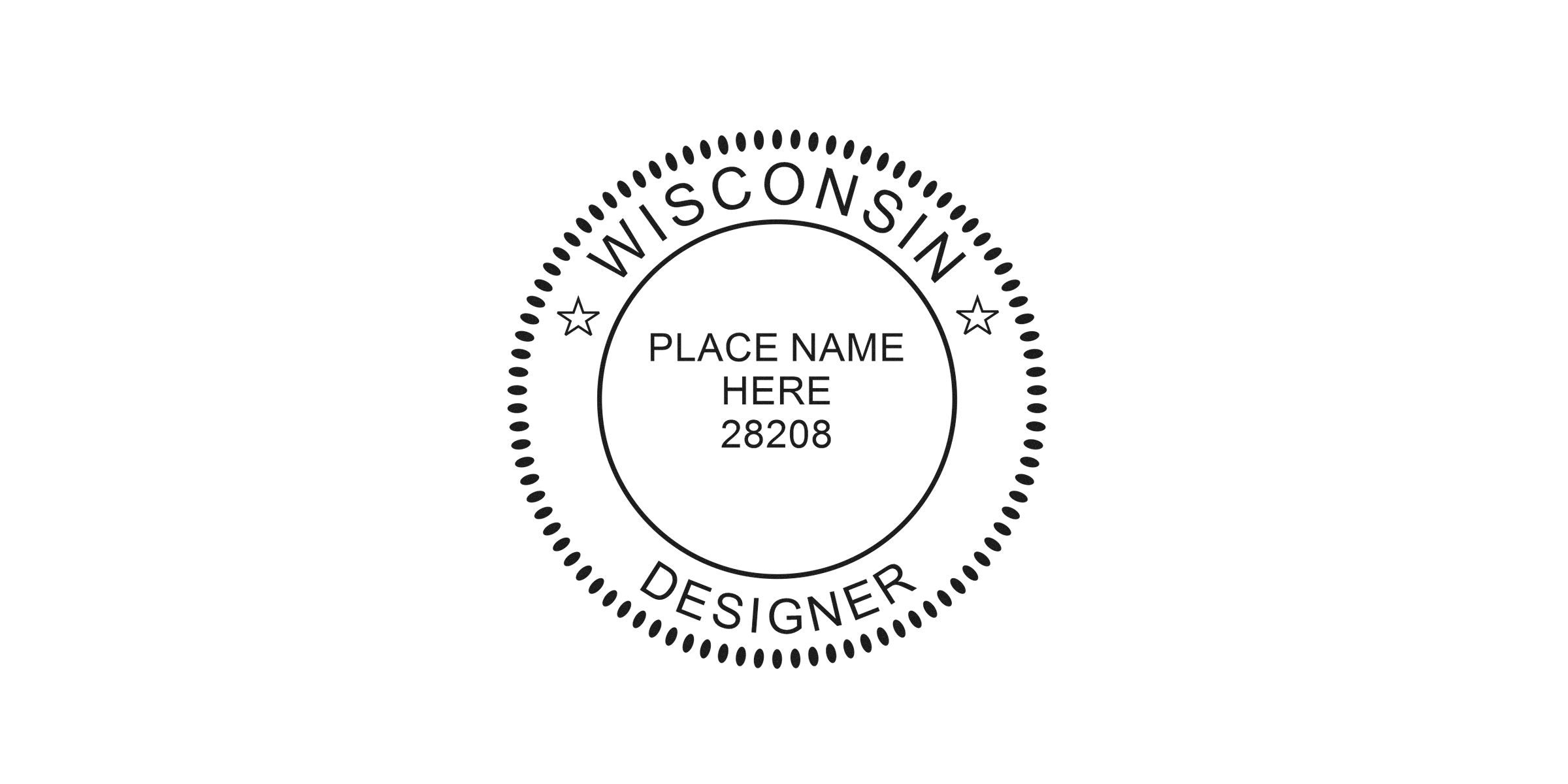 Wisconsin interior designer stamp with custom rubber design, including place name and zip code 28208, for licensing and personalized office use.