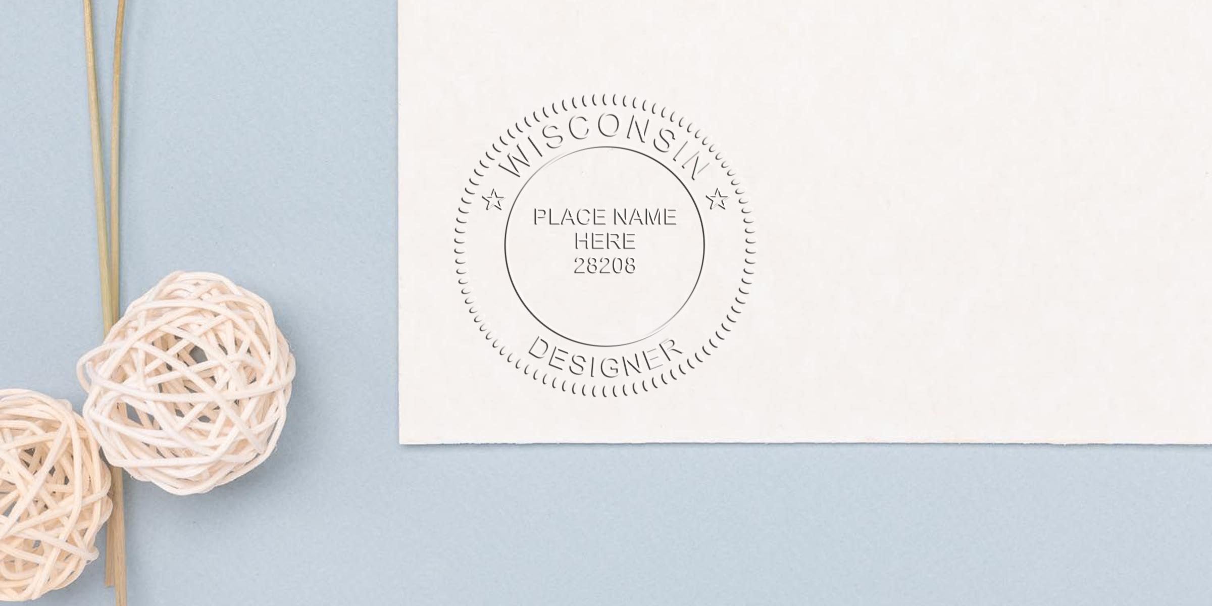 Wisconsin Interior Designer Seal embossed on white paper with decorative rattan balls on a blue background, symbolizing Interior Design Certification in Wisconsin.