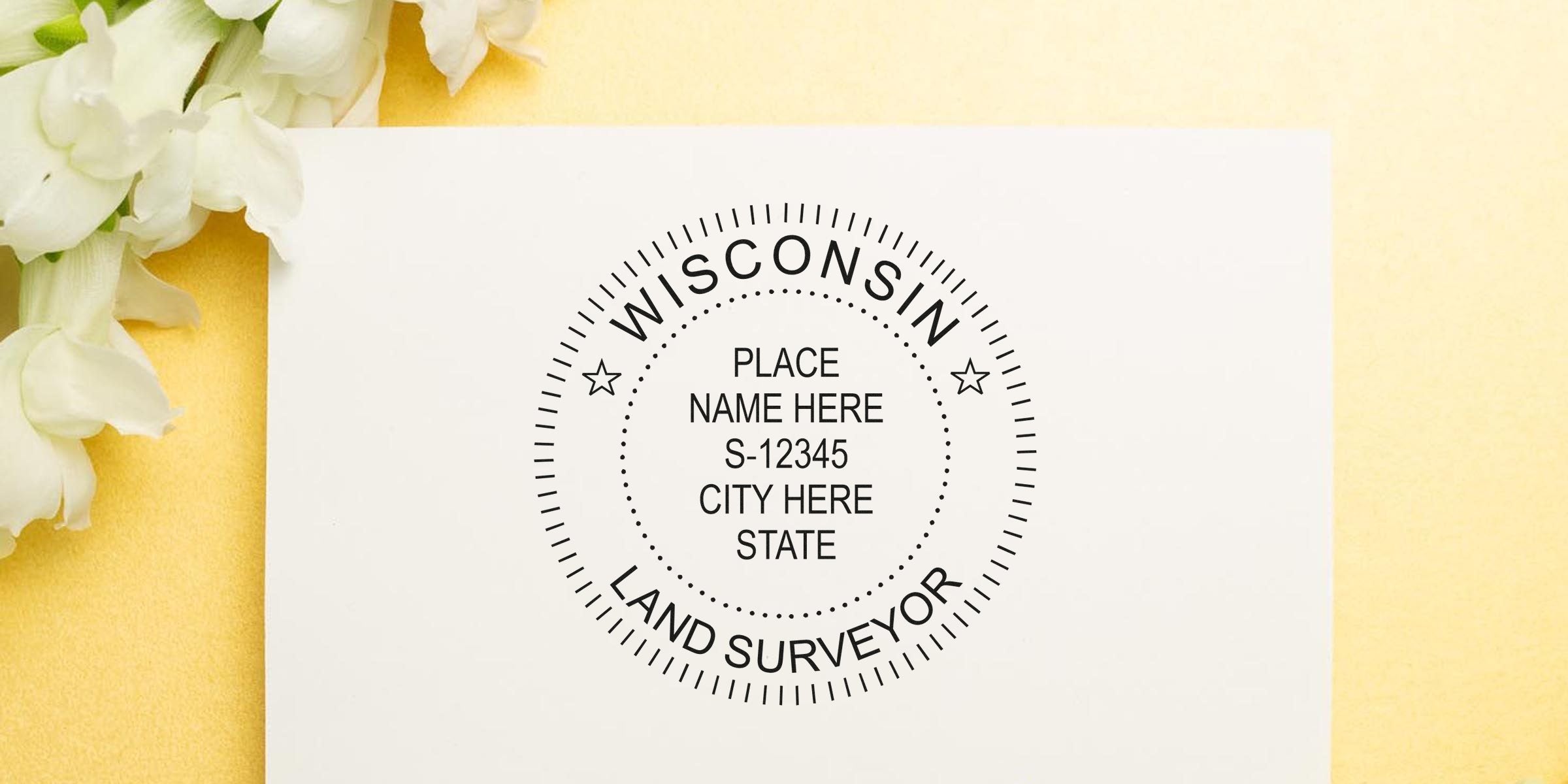 Custom Wisconsin land surveyor stamp seal with editable place name and city on white paper, framed by flowers, showcasing Wisconsin land survey advantages.