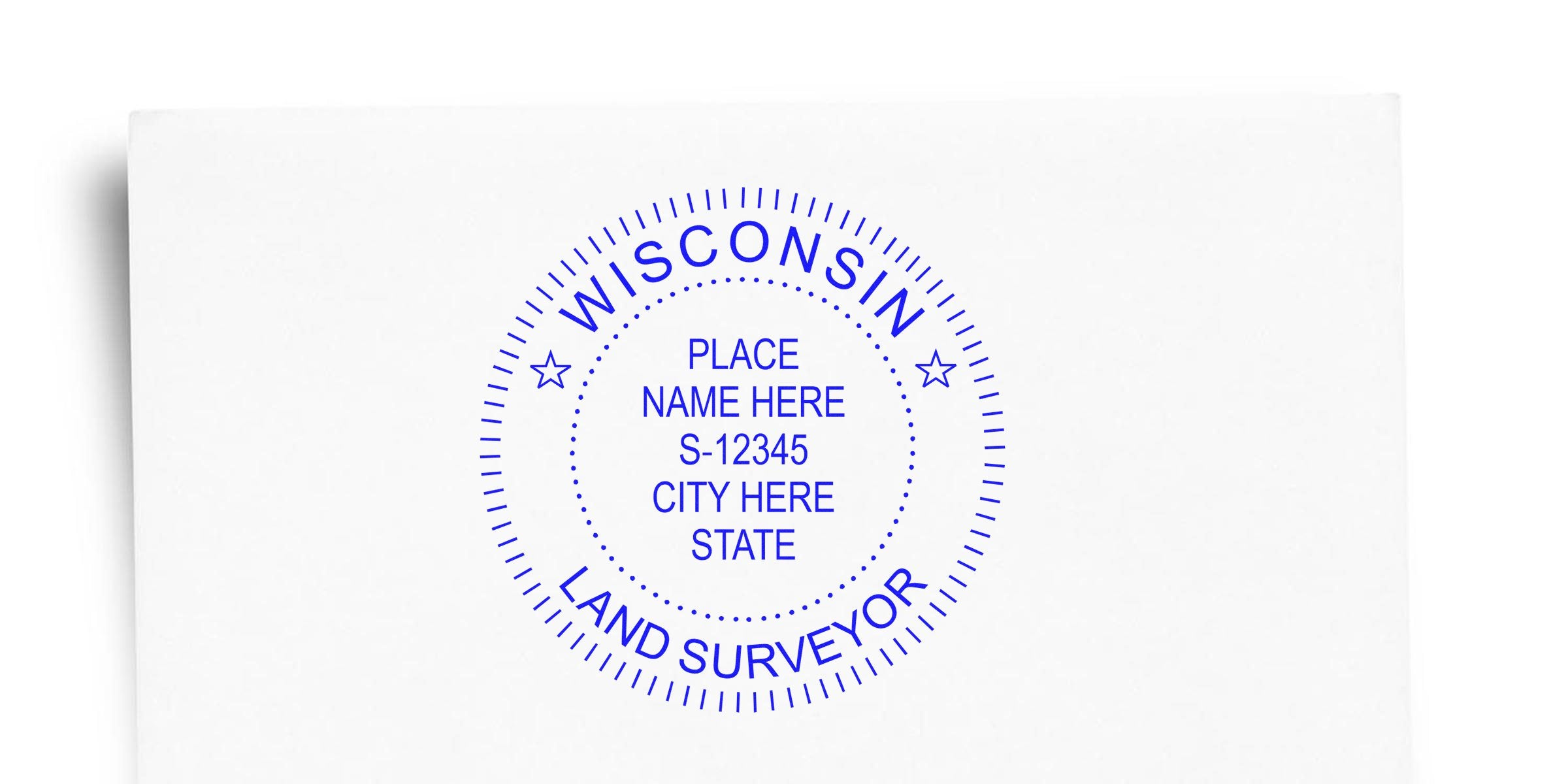 Customizable Wisconsin land surveyor stamp with place name, city, and state, designed to meet professional land surveying stamp requirements.