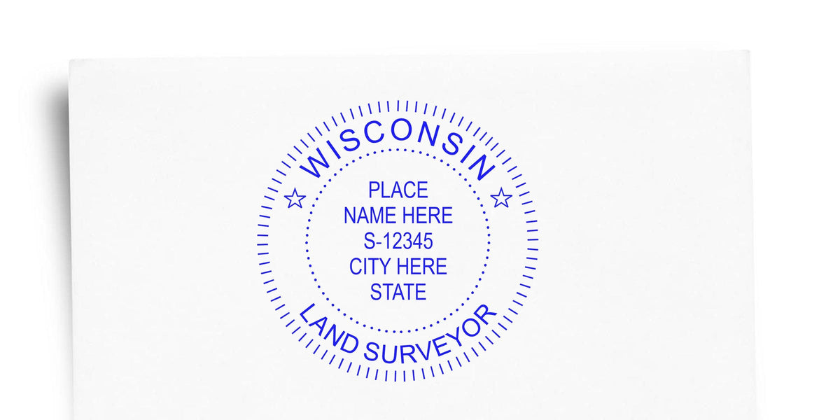 Customizable Wisconsin land surveyor stamp with place name, city, and state, designed to meet professional land surveying stamp requirements.