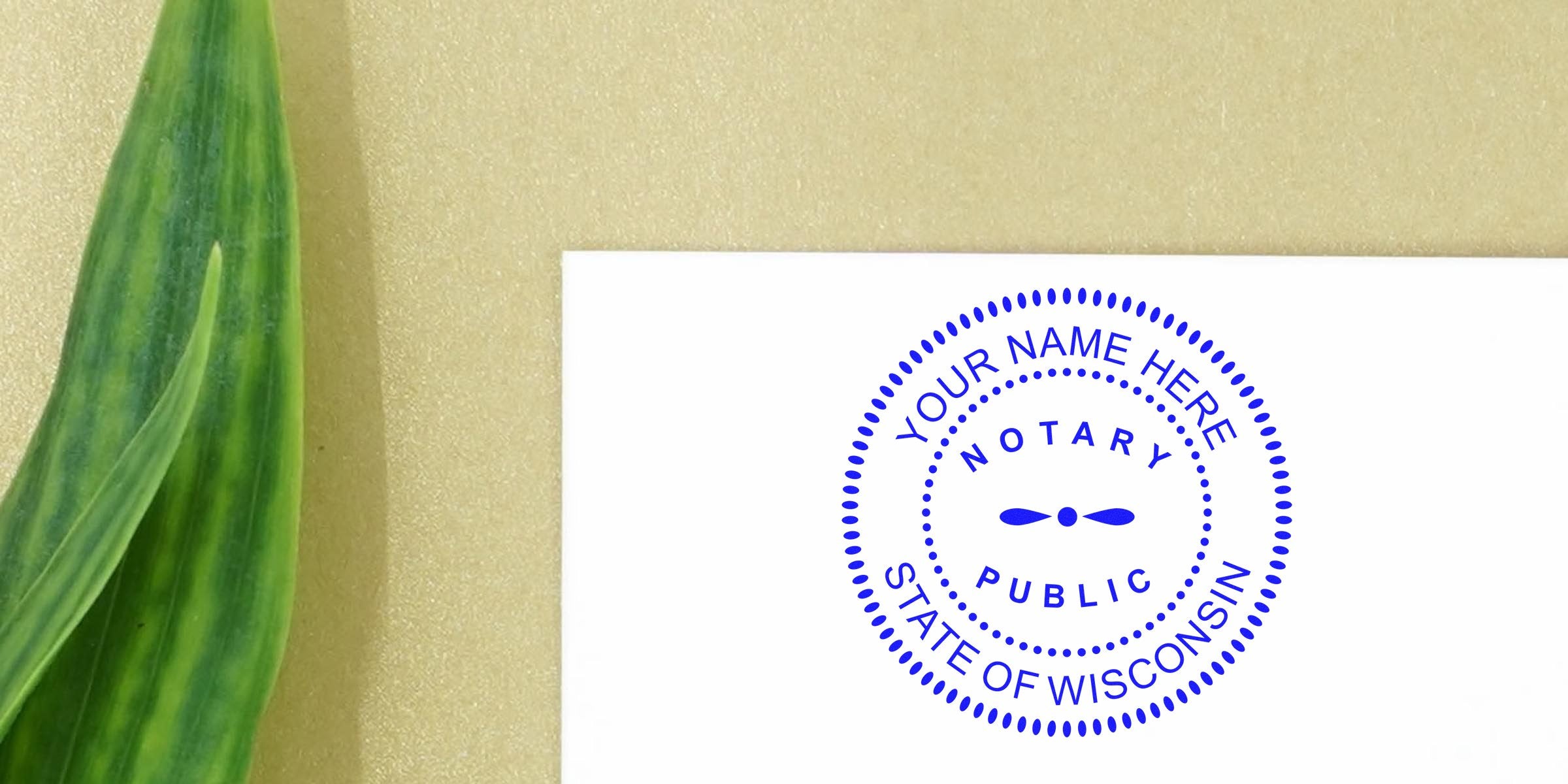 Custom Wisconsin notary stamp with a green leaf on gold, ideal for upgrading your notary supplies and enhancing your toolkit.