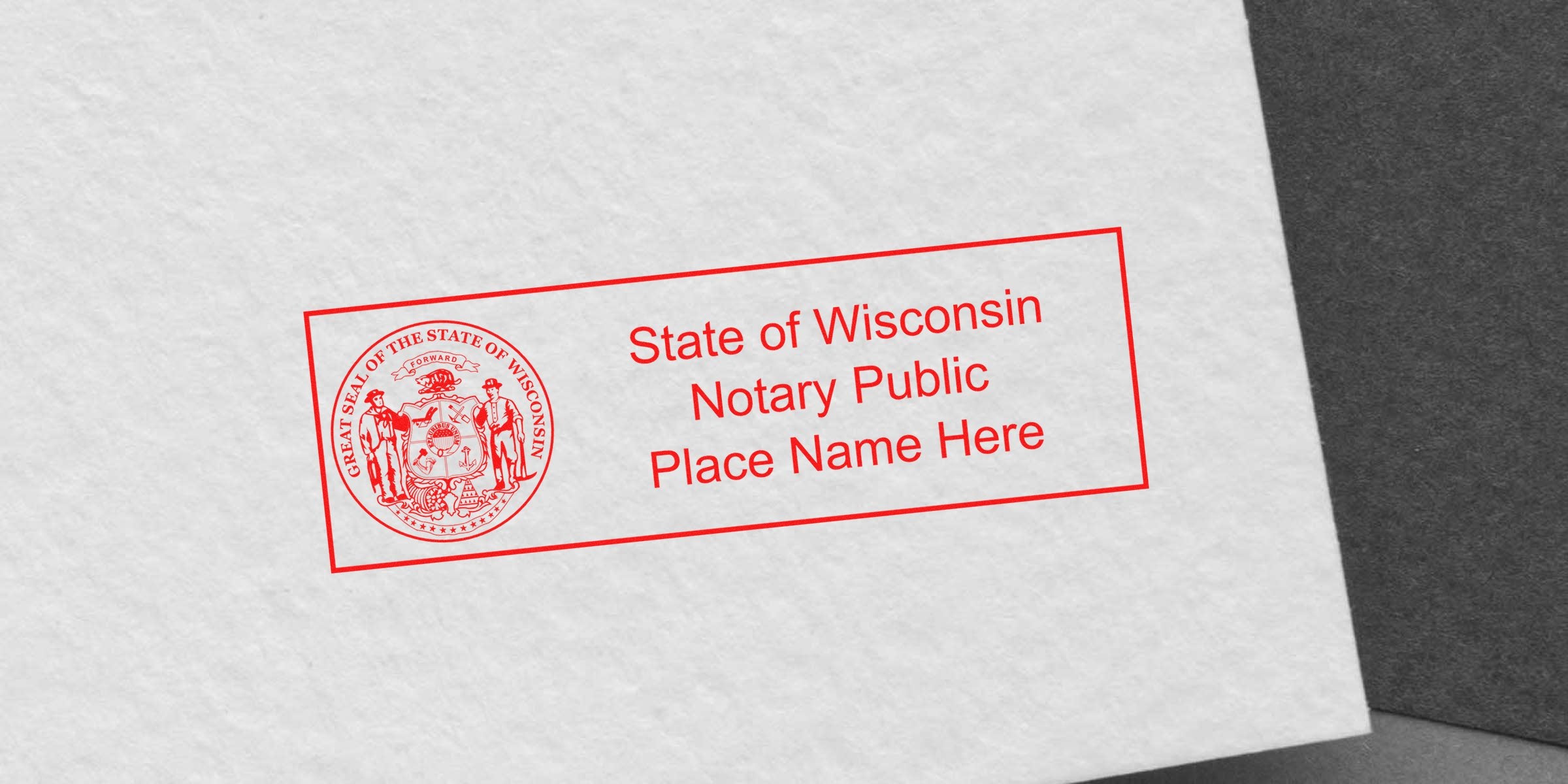 Wisconsin notary seal with state emblem on white paper, symbolizing the top notary stamp in Wisconsin for official document verification.
