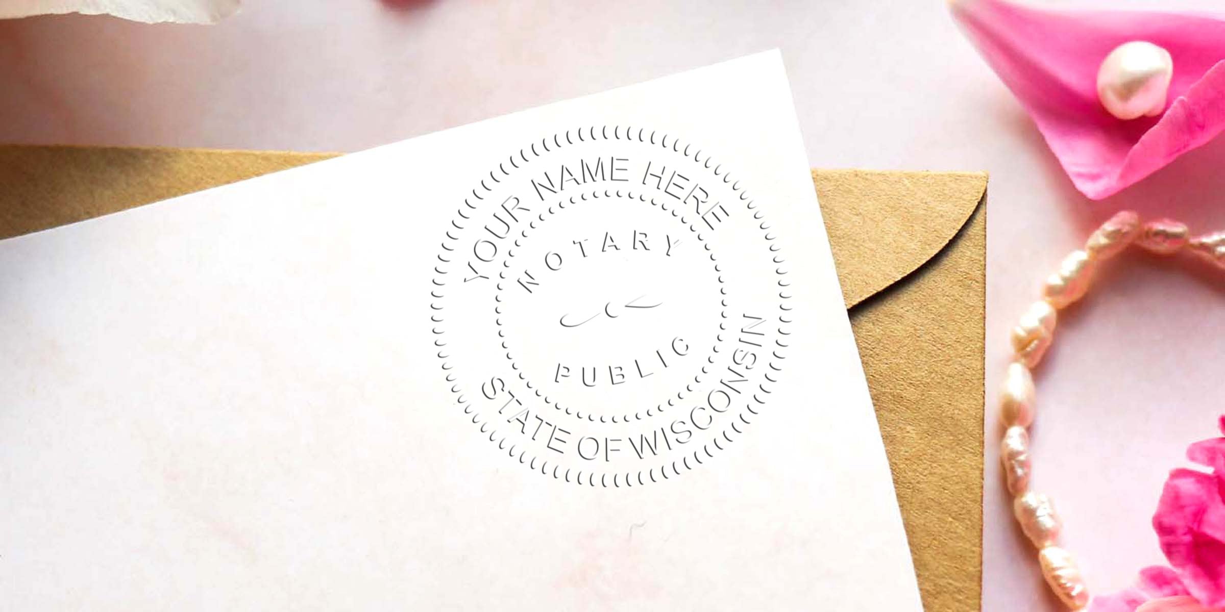 Wisconsin notary public seal on official document with envelope and flowers, showcasing Wisconsin notary certification and key notary process tips.
