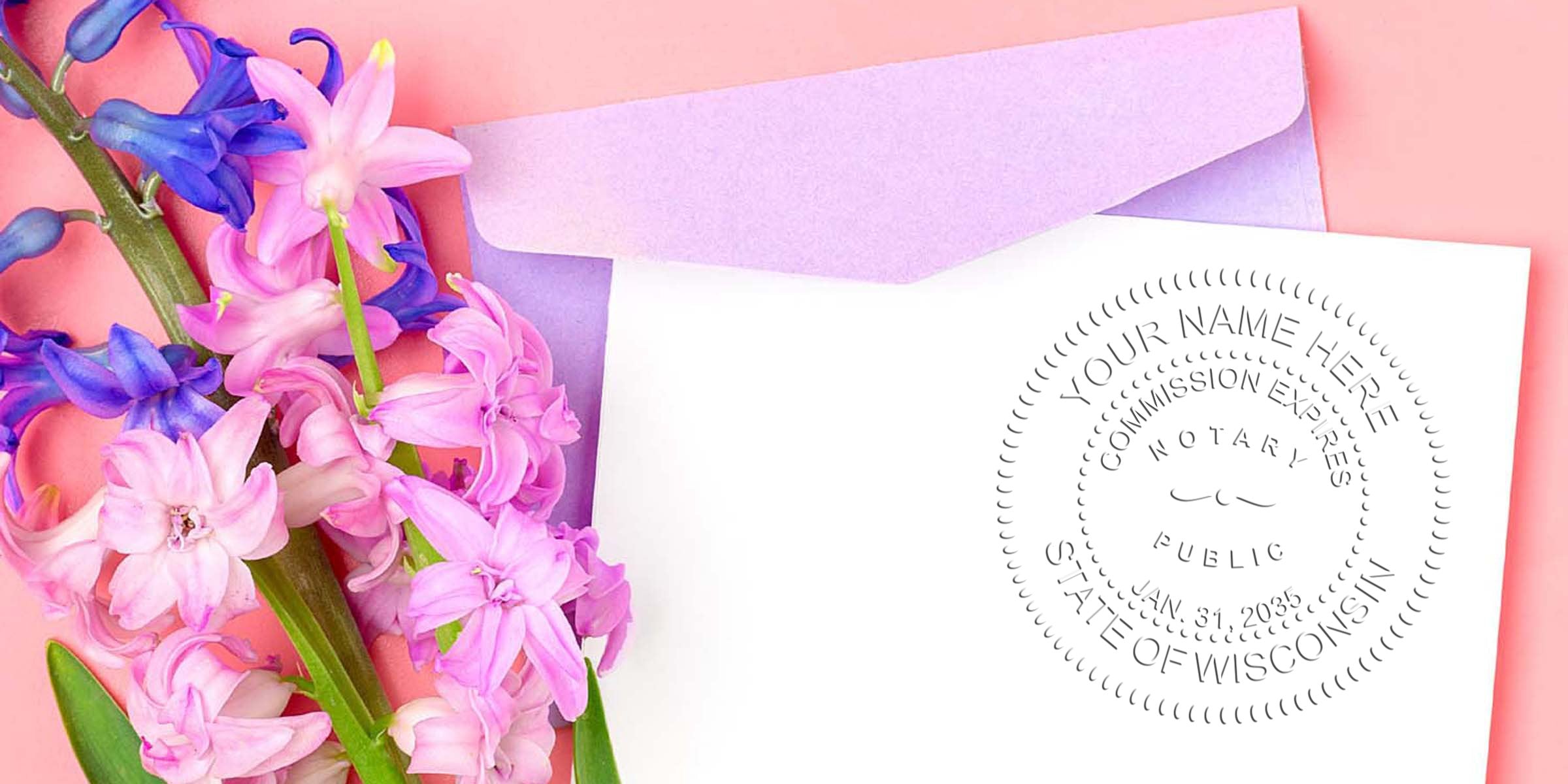 Wisconsin notary public commission certificate with official seal, shown alongside a purple envelope and pink-purple flowers on a pink background, emphasizing Wisconsin notary public guidelines.