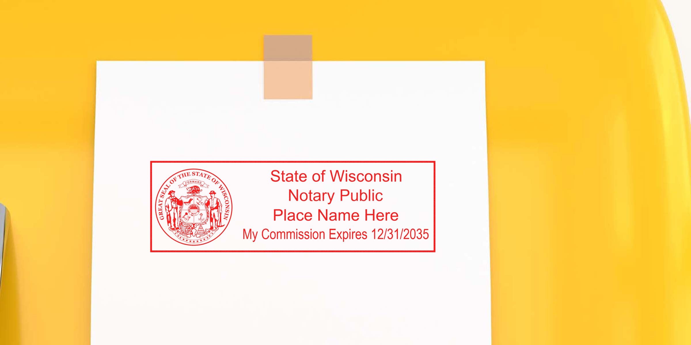 Wisconsin notary stamp on white paper with commission expiration date, meeting stamp requirements, set against a yellow background.
