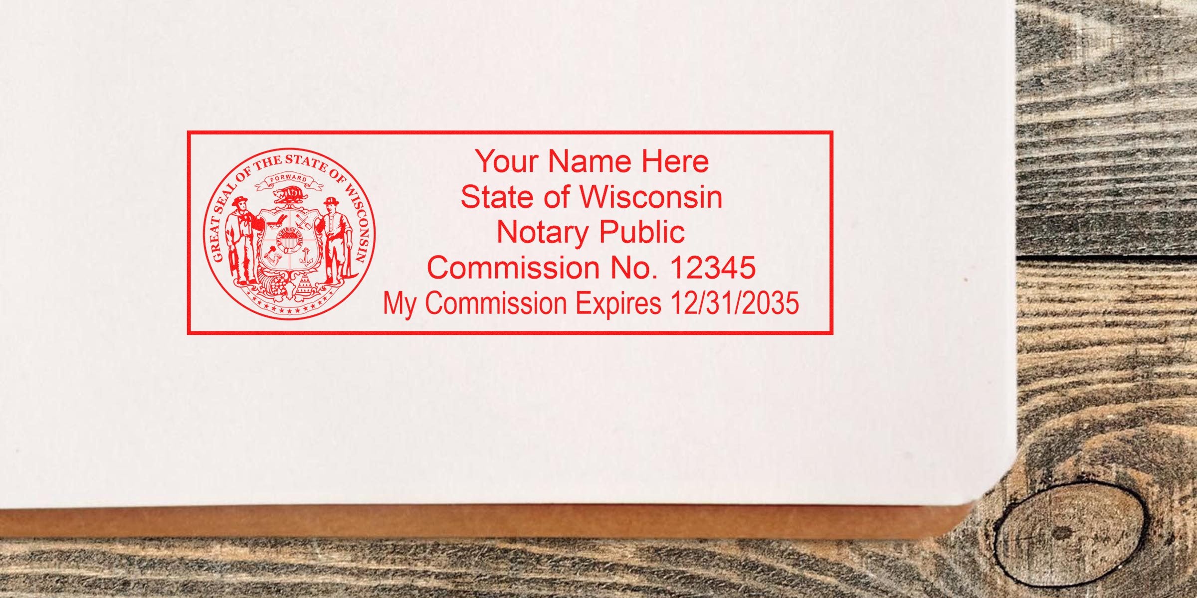 Wisconsin notary public stamp on white paper with commission number and expiration date, showcasing top Wisconsin notary supplies and best notary tools.