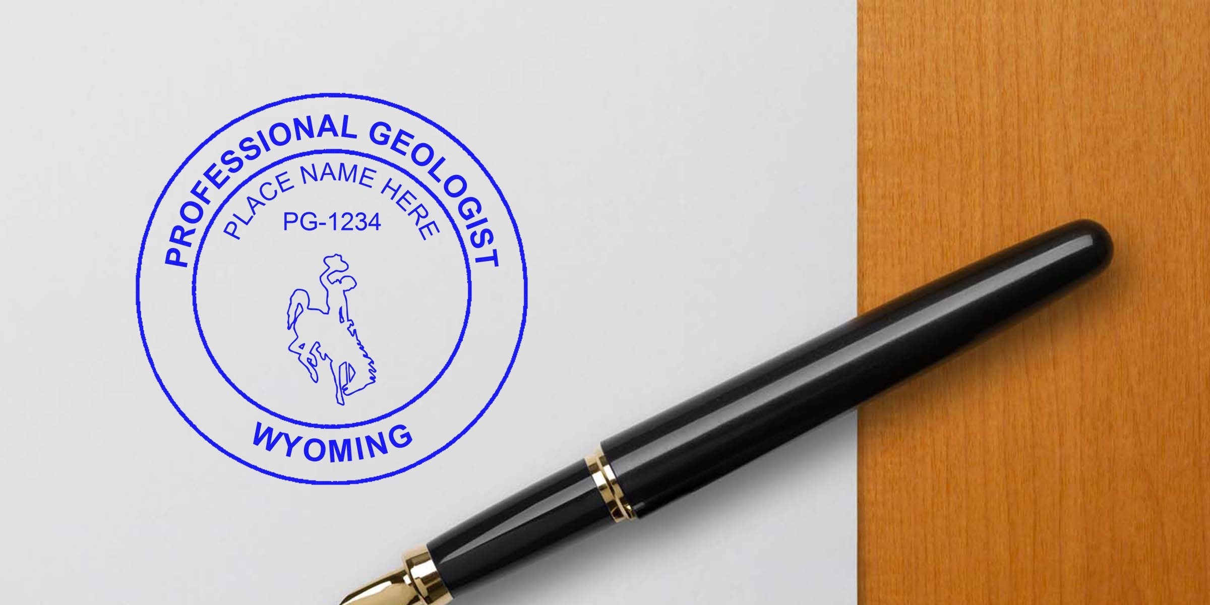 Wyoming Geologist Stamp with black fountain pen on wooden desk. Professional certified geological services. Purchase your official Geologist Stamp today.