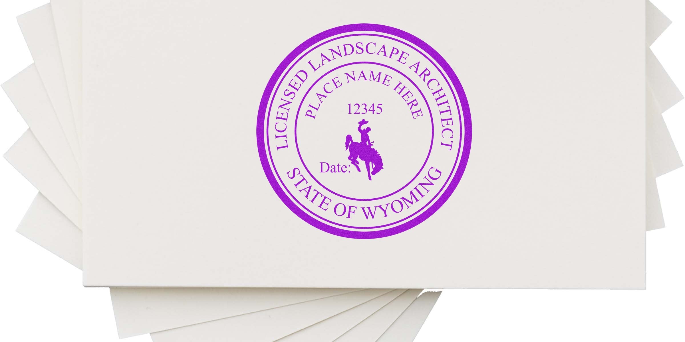Wyoming licensed landscape architect stamp with cowboy logo, customizable place name and date, meeting Wyoming landscape architect regulations and stamp rules.