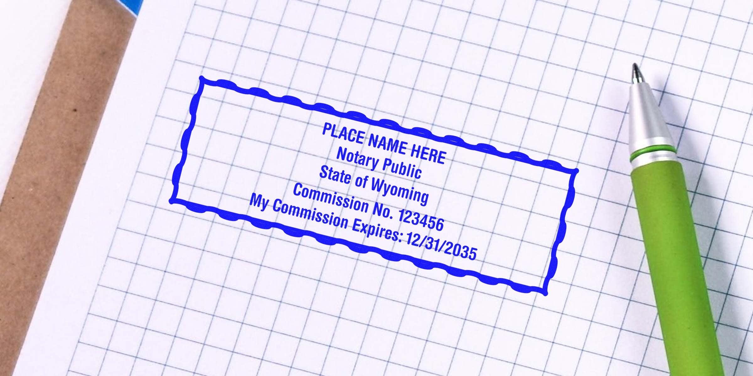 Wyoming Notary Public stamp in green pen on graph paper, showing Notary Stamp and Seal requirements.