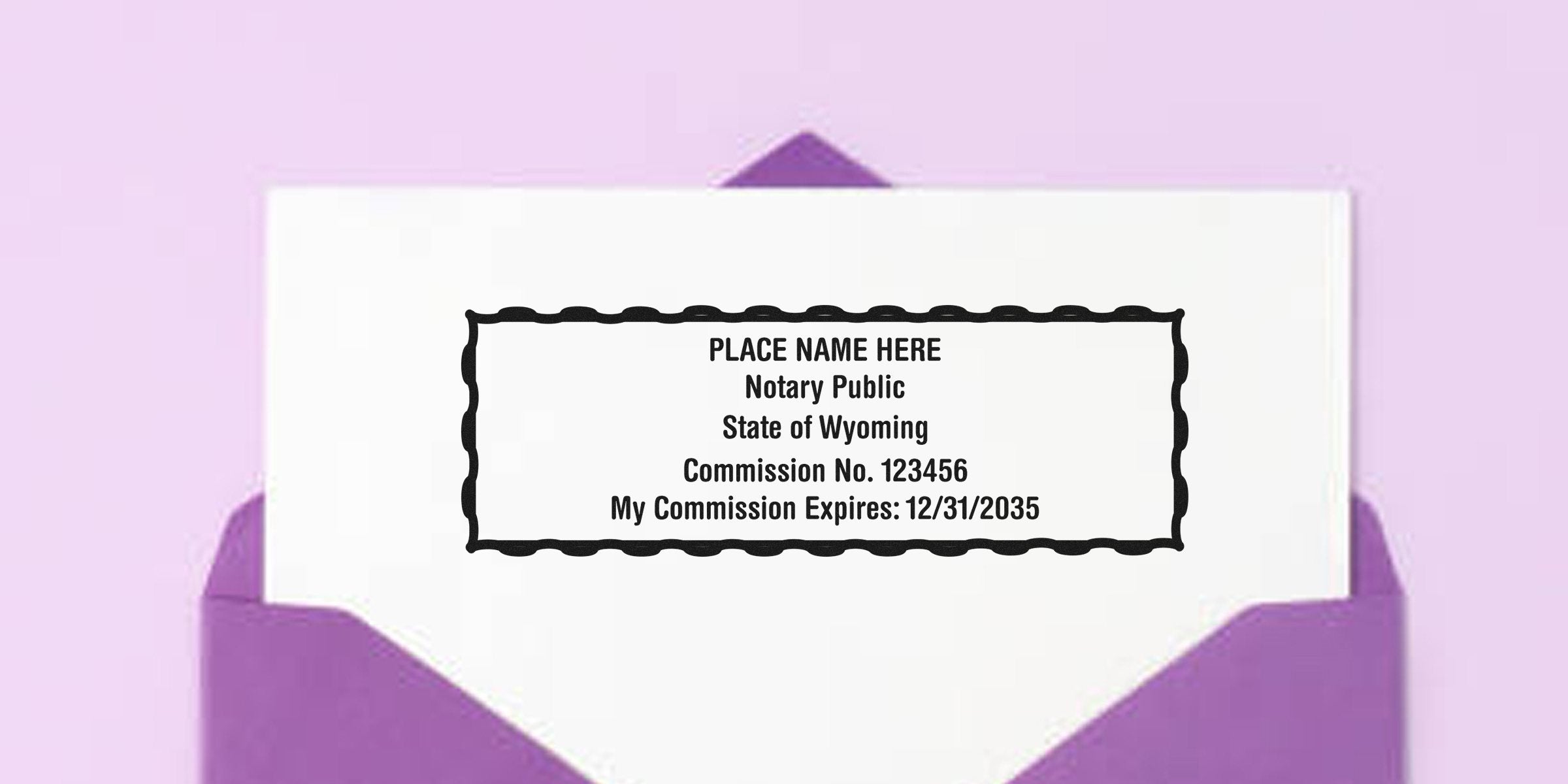 Wyoming notary stamp with official seal, showing commission number and expiration date on white paper inside a purple envelope.