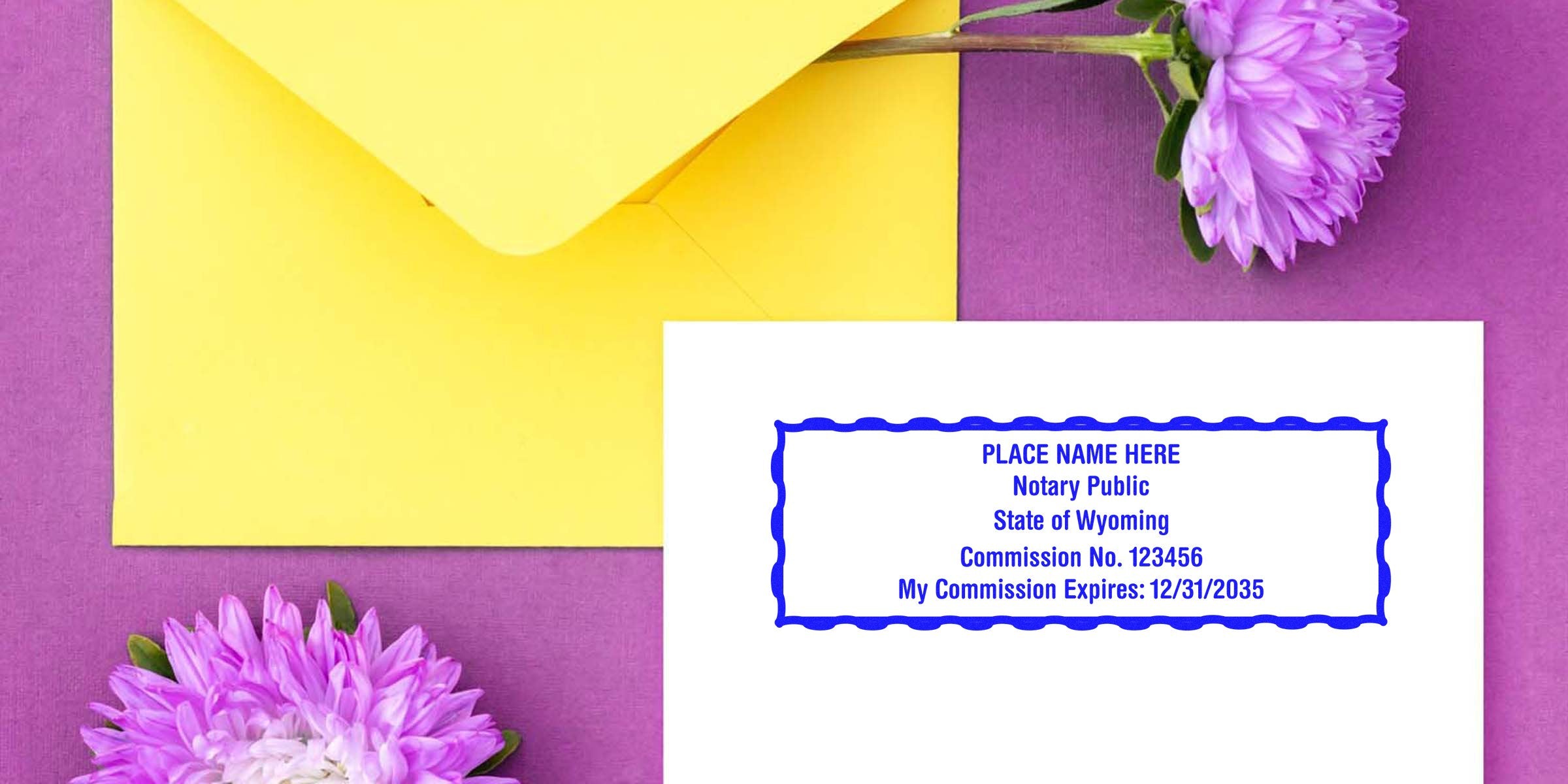 Yellow envelope with Wyoming notary seal on white paper, surrounded by purple flowers on a purple background, illustrating how to become a Wyoming notary.