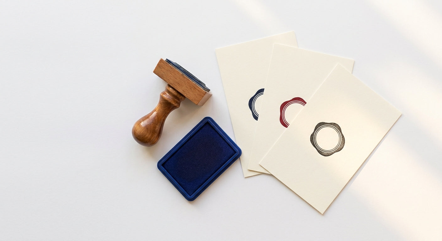 A wooden-handled stamp rests beside a blue ink pad with colorful stamp impressions fanned out on white paper in soft natural light.