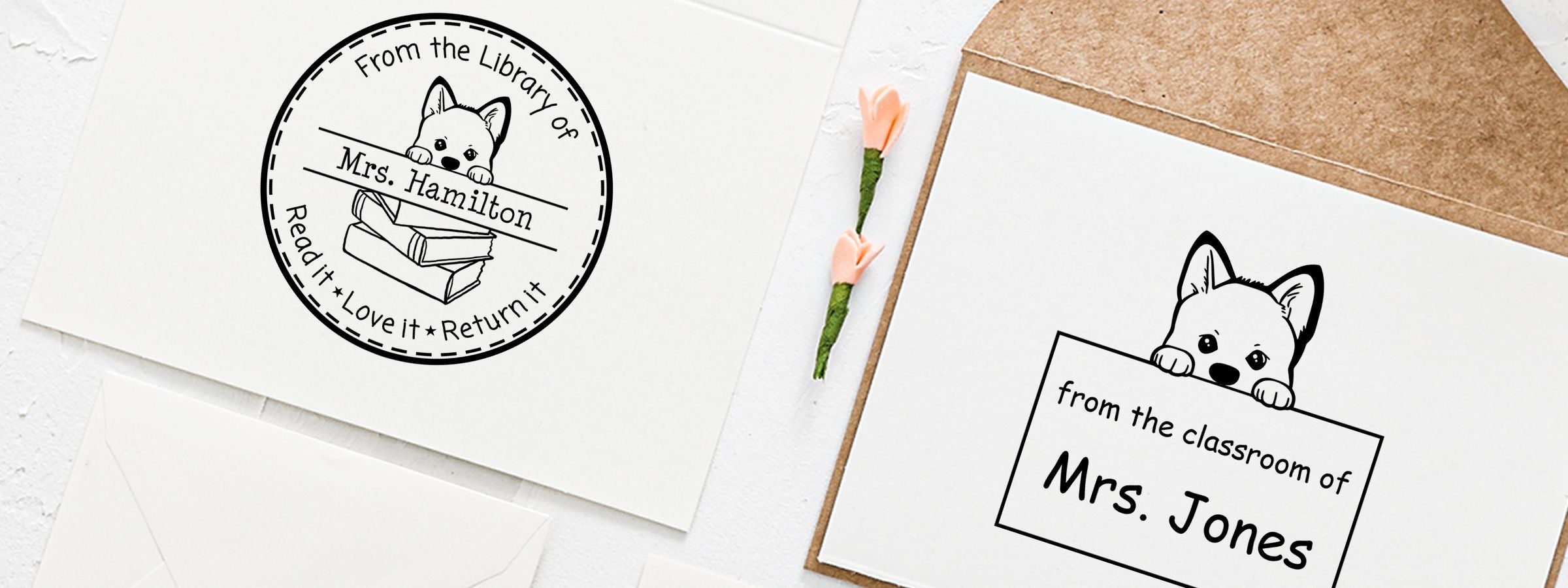 Akita Dog Stamps and Custom Seals: “From the Library of Mrs. Hamilton” return stamp with cat over books, black and white.