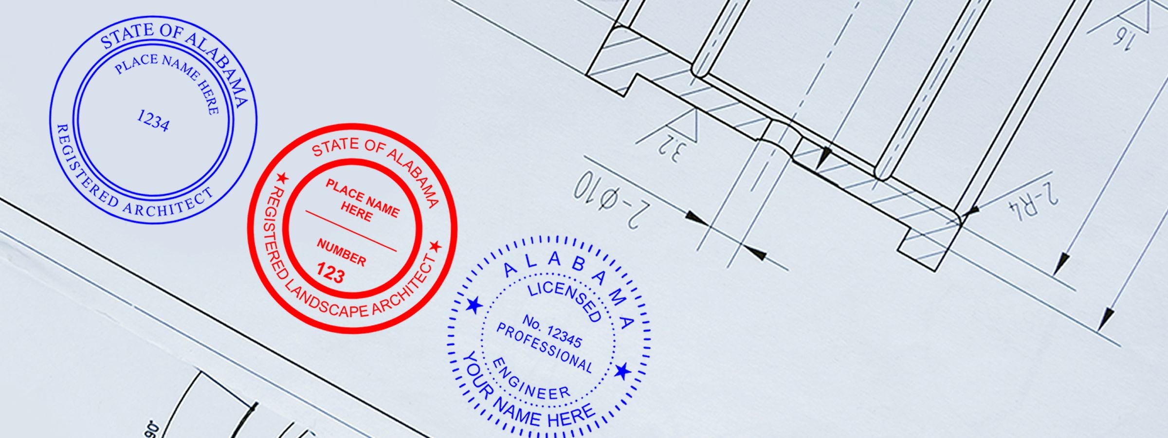 Blueprint with dimension lines and Alabama Professional Seals and Stamps: blue architect, red landscape architect, and blue engineer seals.