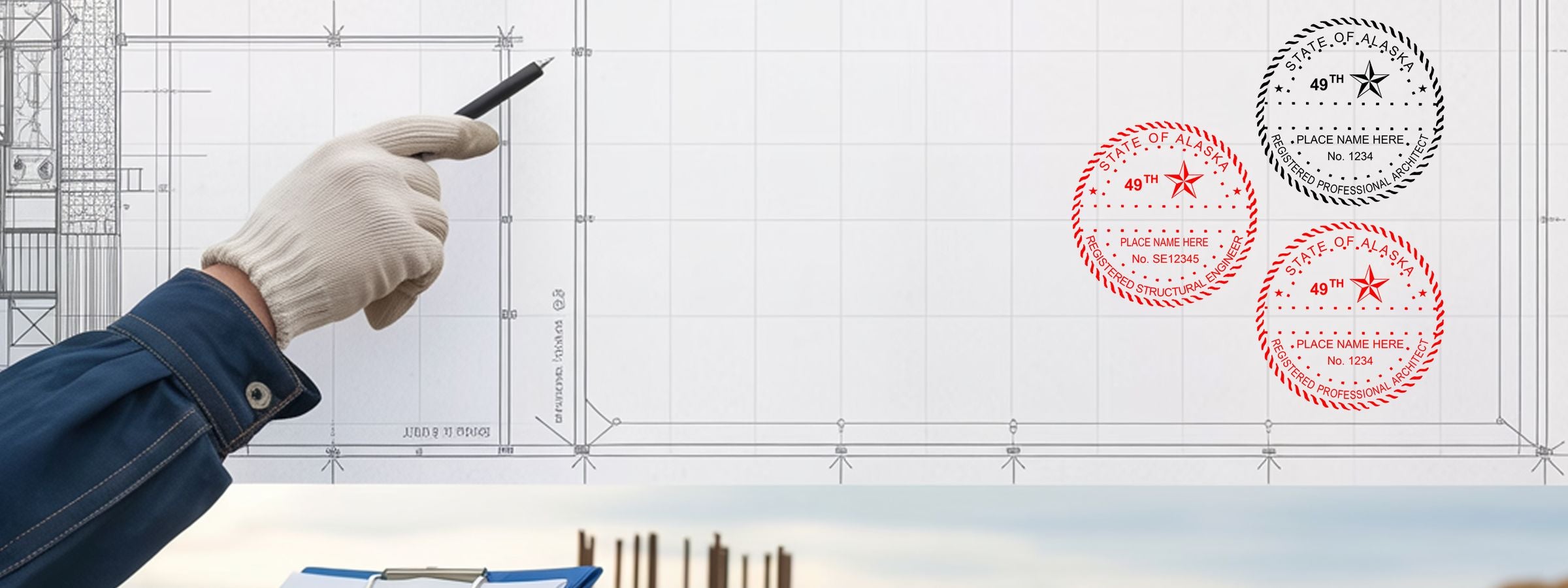Gloved hand with pen over a technical blueprint, showing State of Alaska architect and engineer seals; Alaska Professional Seals and Stamps.