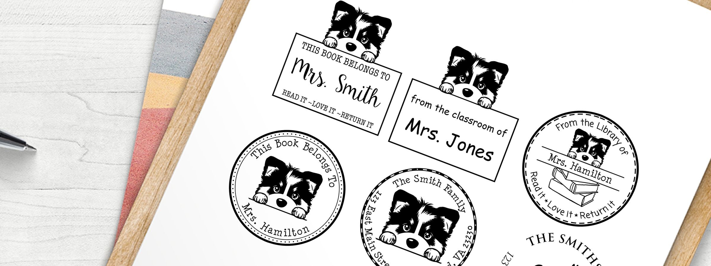 Assortment of Alaskan Malamute Dog Stamps and Custom Seals with a cute black-and-white dog peeking over labels for Mrs. Smith, Jones, and Hamilton.