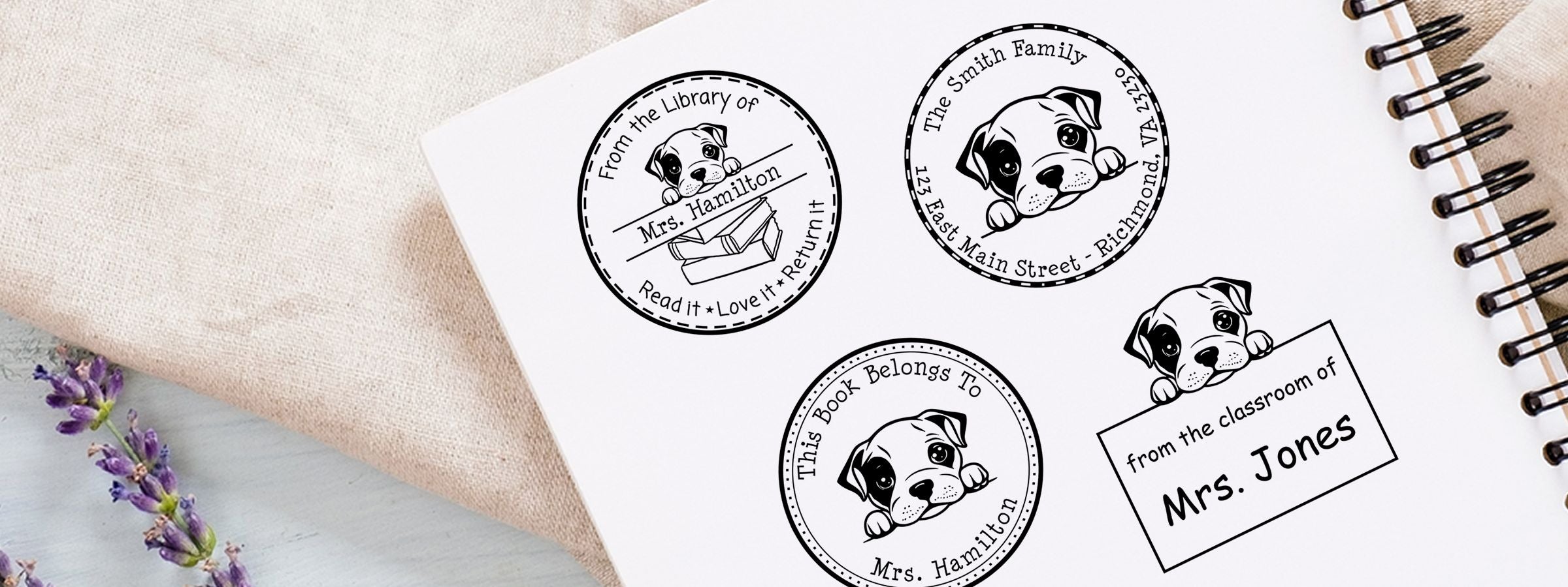 American Staffordshire Terrier Dog Stamps and Custom Seals: notebook page with four designs, puppy, Mrs. Hamilton, Smith Family, Mrs. Jones, lavender.