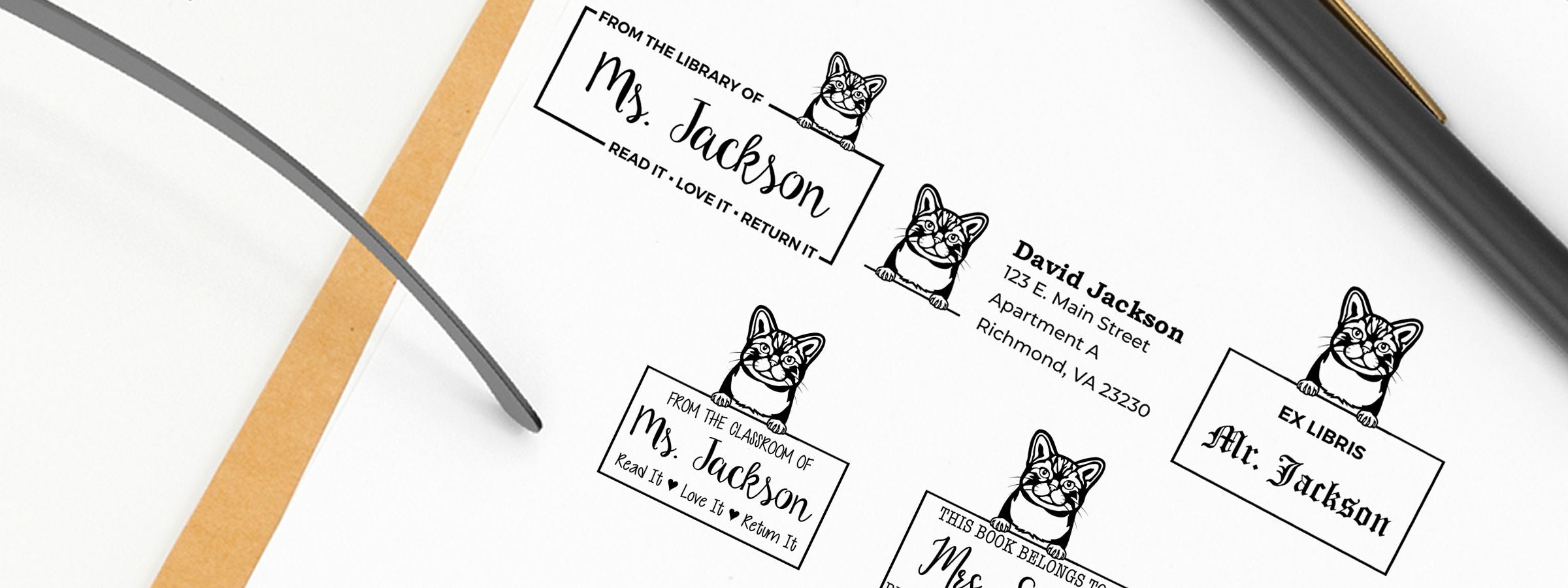 American Wirehair Cat Stamps and Custom Seals: cat-themed bookplates for Ms. Jackson and Mr. Jackson with peeking cats on a white background.